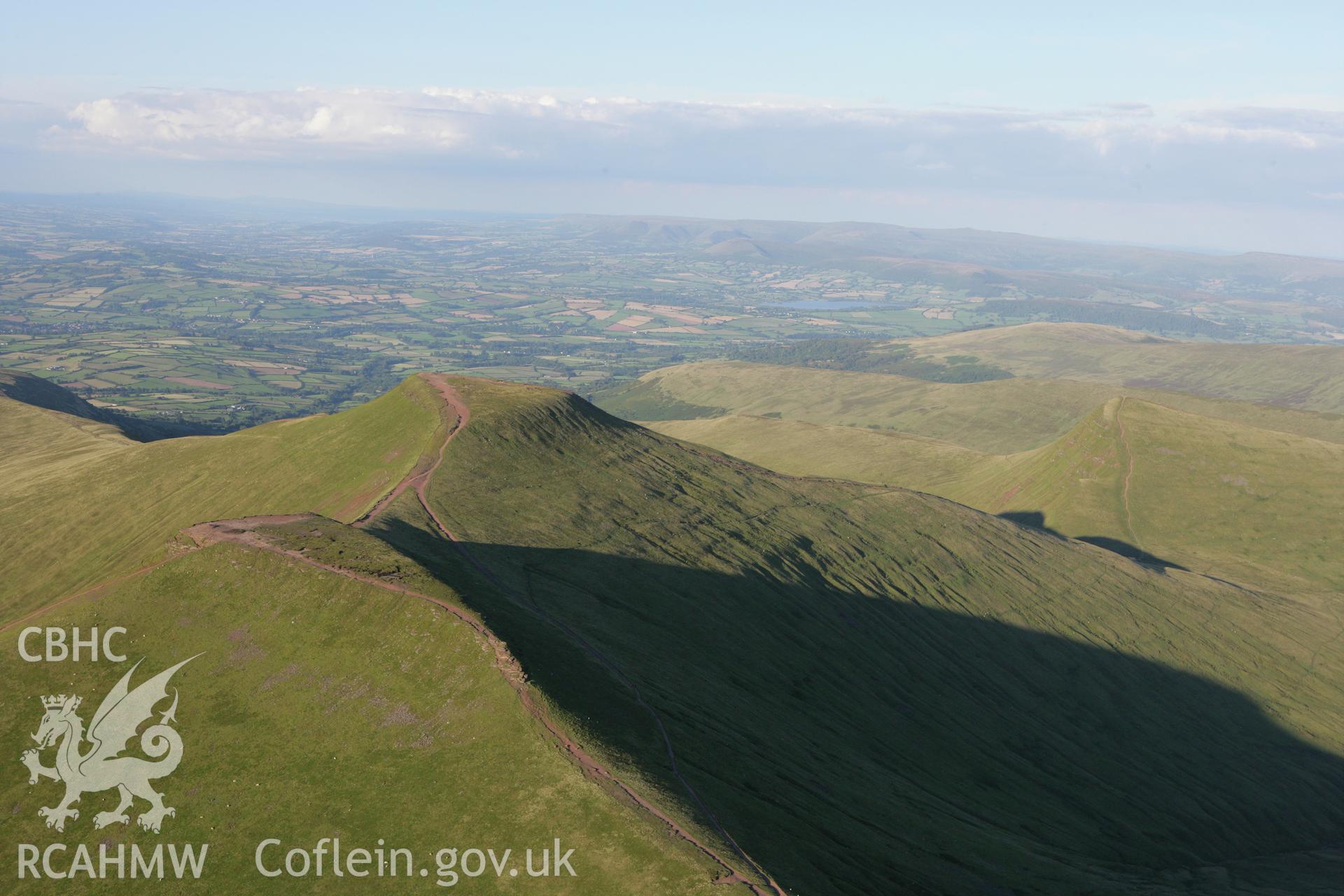 RCAHMW colour oblique aerial photograph of Corn Du and Pen y Fan, Brecon Beacons. Taken on 08 August 2007 by Toby Driver