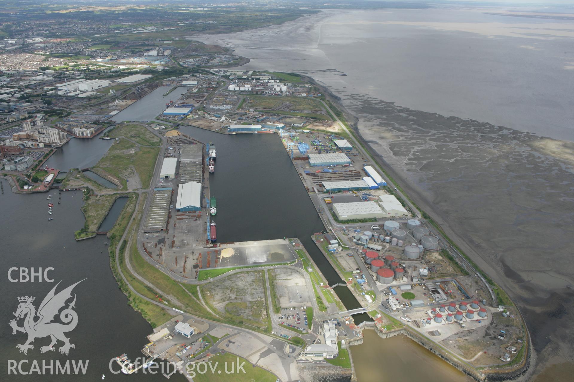 RCAHMW colour oblique aerial photograph of Queen Alexandra Dock in Cardiff Docks. Taken on 30 July 2007 by Toby Driver