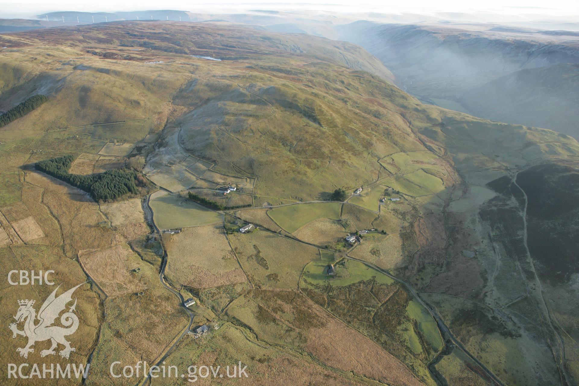 RCAHMW colour oblique photograph of the squatter settlement at Lluest to Tanlan-fawr, north of Cwmystwyth. Taken by Toby Driver on 20/12/2007.