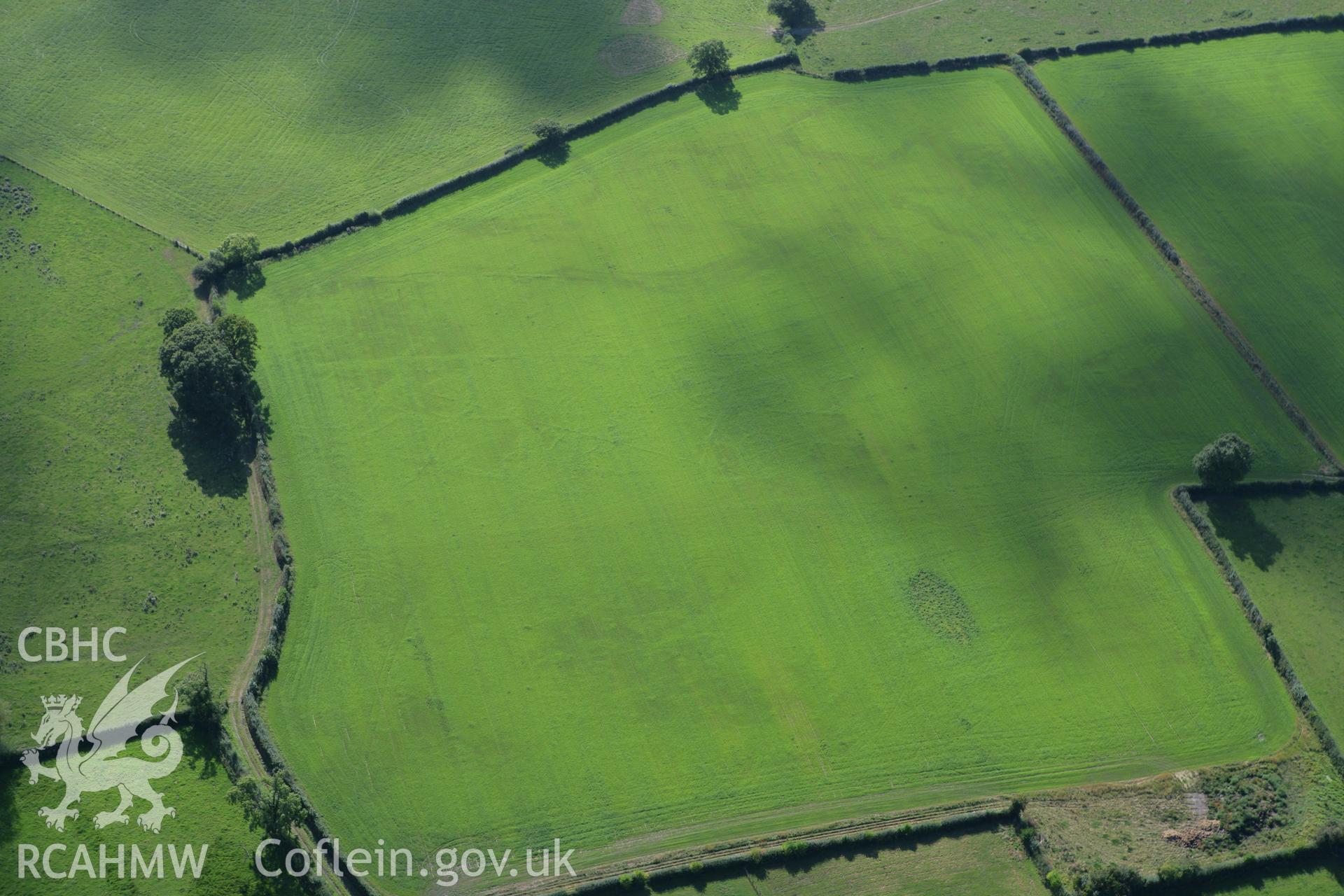 RCAHMW colour oblique aerial photograph of Cropmarks, southwest of Llandrinio. Taken on 06 September 2007 by Toby Driver