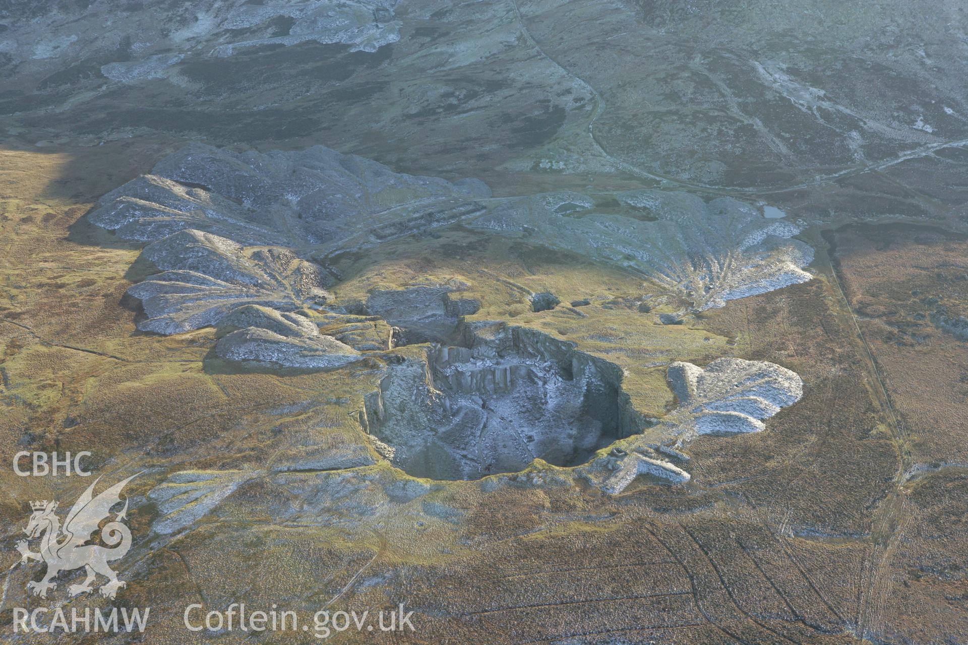 RCAHMW colour oblique photograph of Cwt y Bugail quarry. Taken by Toby Driver on 20/12/2007.
