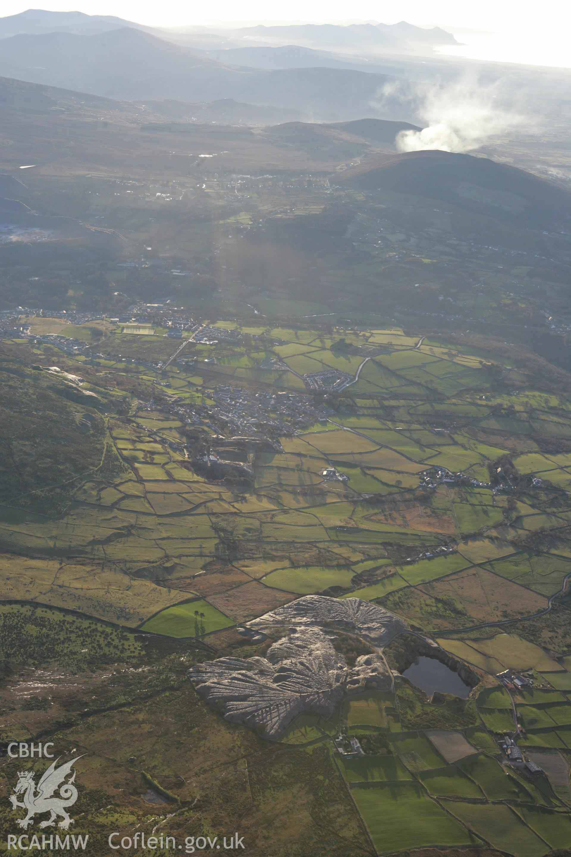 RCAHMW colour oblique photograph of Bryn Hafod y Wern slate quarry, and surrounding landscape. Taken by Toby Driver on 20/12/2007.