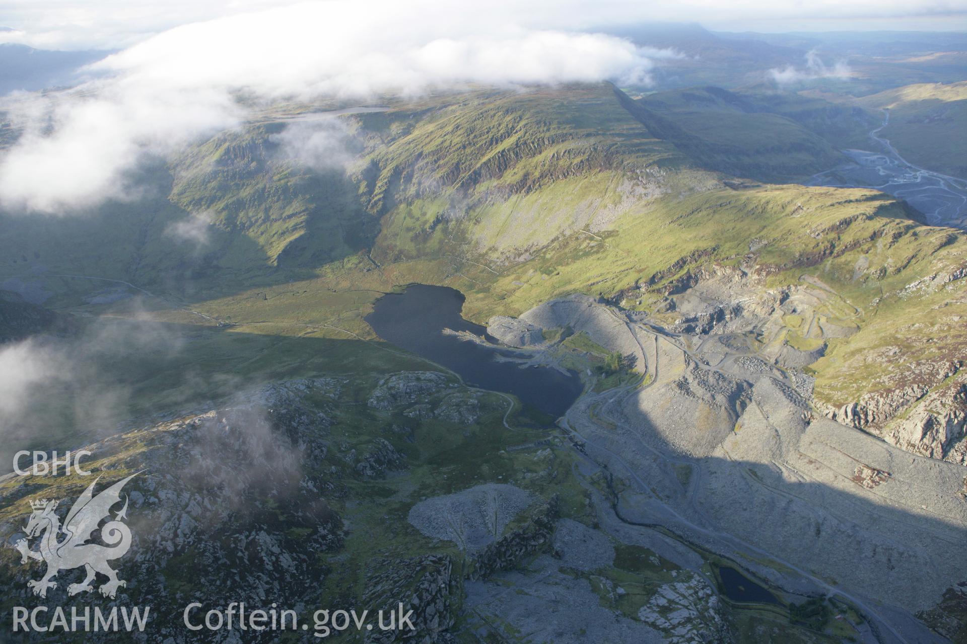 RCAHMW colour oblique aerial photograph of Cwmorthin Slate Quarry, in a landscape view from the south. Taken on 06 September 2007 by Toby Driver