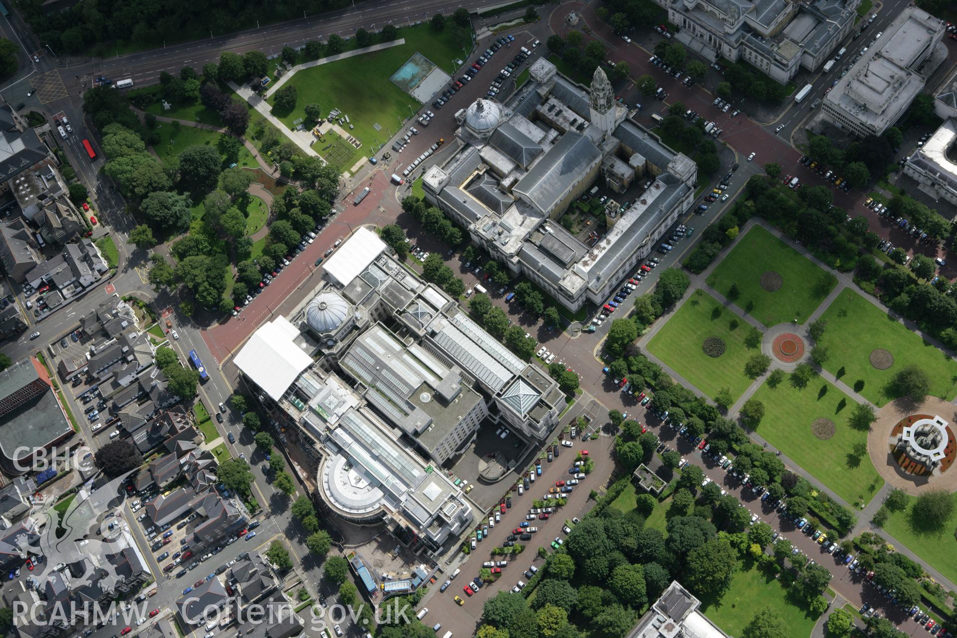 RCAHMW colour oblique aerial photograph of National Museum of Wales, Cathays Park, Cardiff. Taken on 30 July 2007 by Toby Driver