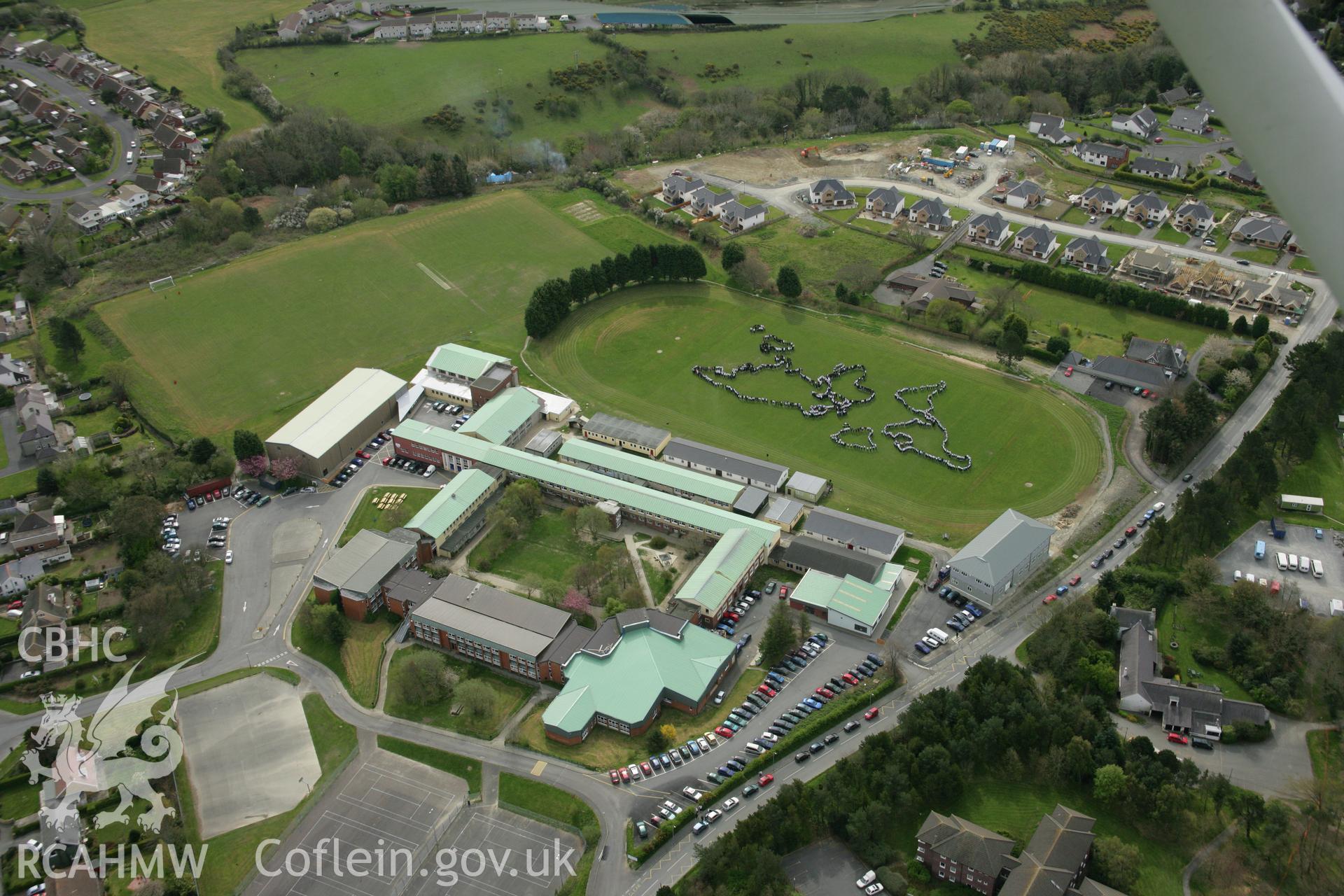 RCAHMW colour oblique aerial photograph of Penglais Comprehensive School, World Map of 1500 pupils. Taken on 17 April 2007 by Toby Driver