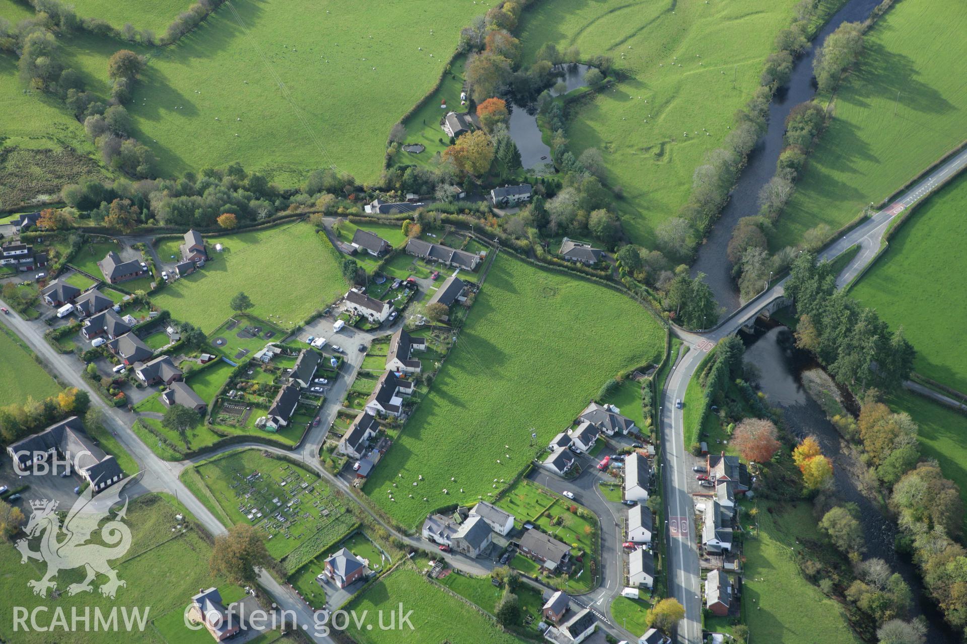 RCAHMW colour oblique photograph of Llanerfyl, village. Taken by Toby Driver on 30/10/2007.
