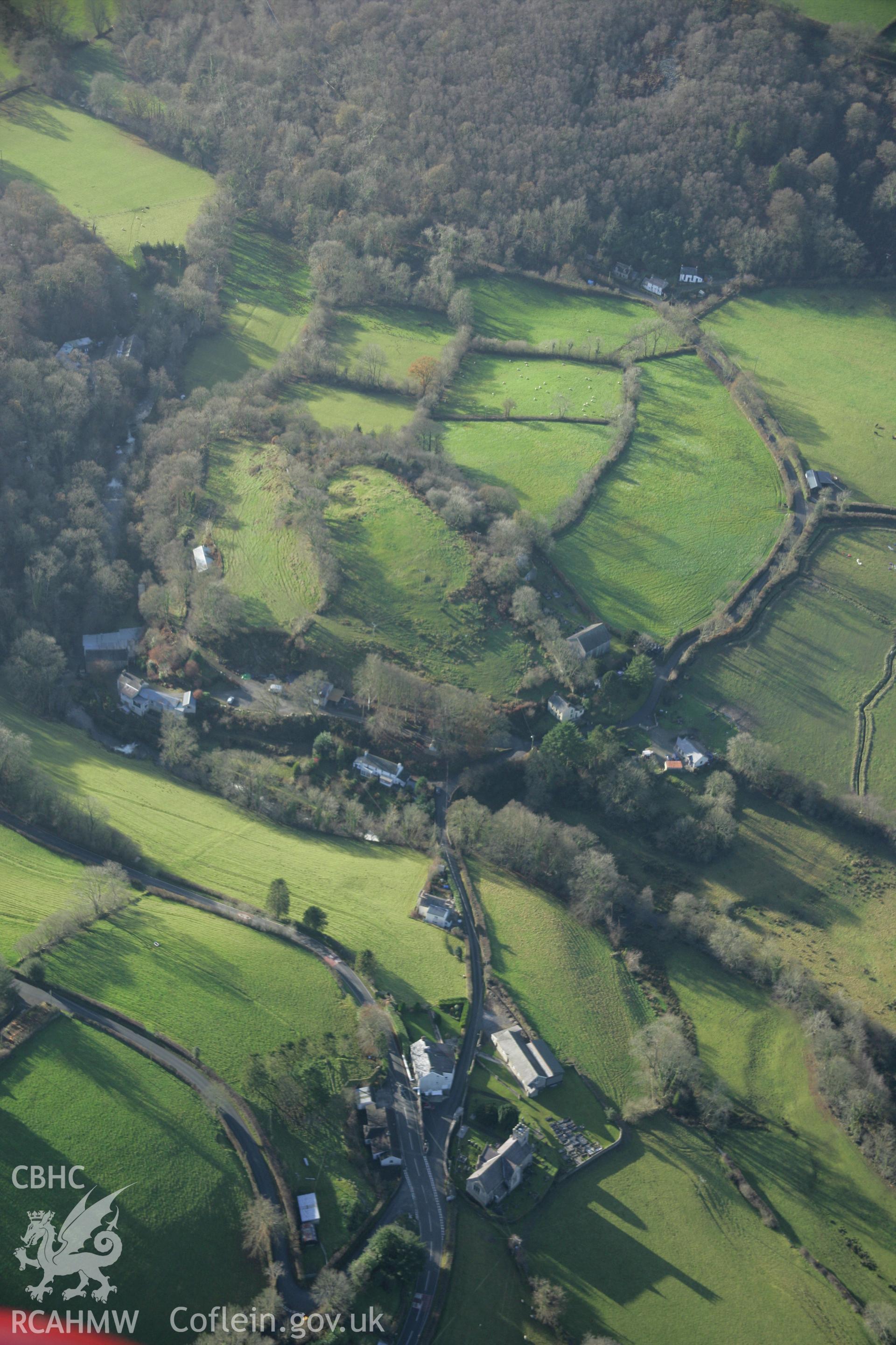 RCAHMW colour oblique photograph of Defended enclosure, Capel Dewi. Taken by Toby Driver on 29/11/2007.