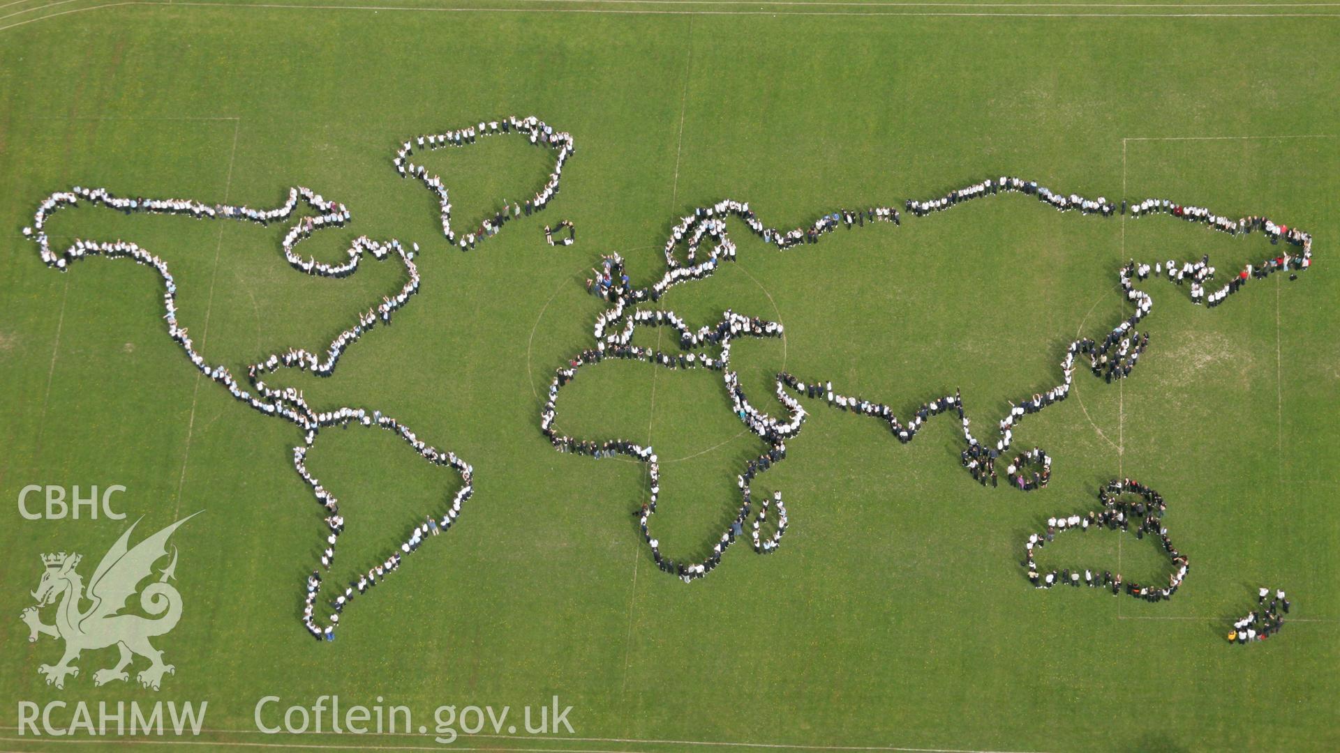 RCAHMW colour oblique aerial photograph of Penglais Comprehensive School, World Map of 1500 pupils. Taken on 17 April 2007 by Toby Driver
