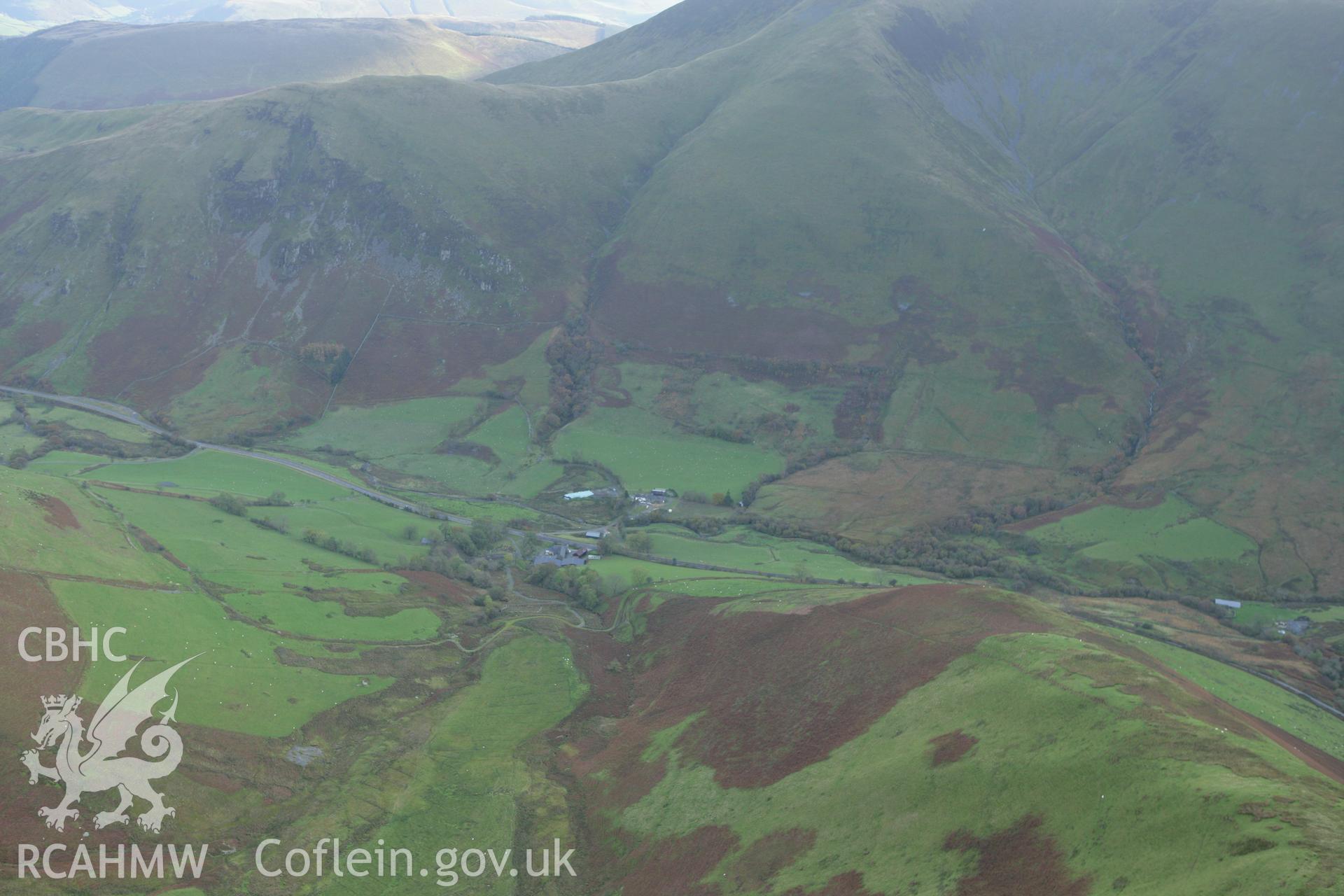 RCAHMW colour oblique photograph of Camlan, Dinas Mawddwy, site of place name. Taken by Toby Driver on 30/10/2007.