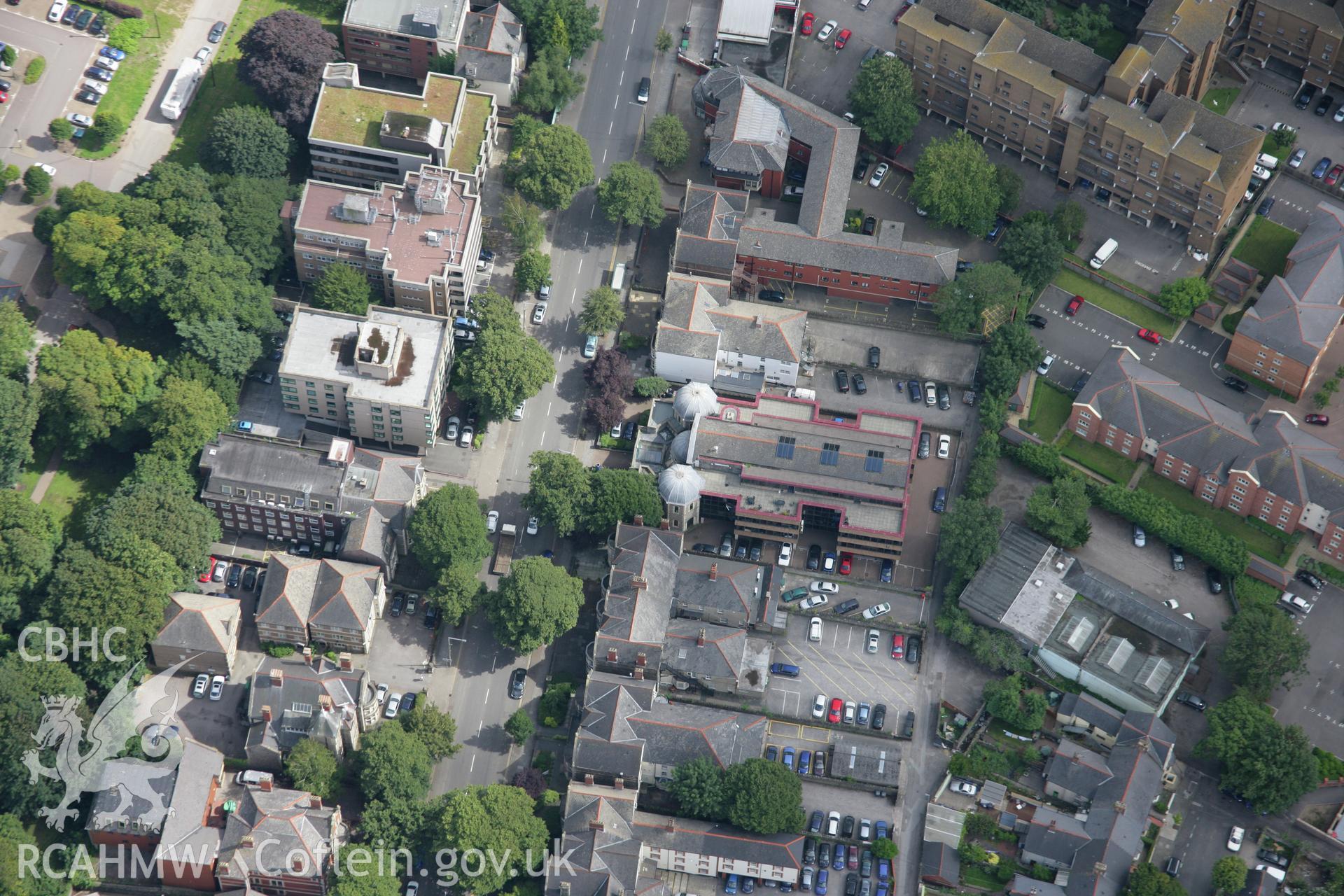 RCAHMW colour oblique aerial photograph of Cardiff United Synagogue, Cathedral Road, Cardiff. Taken on 30 July 2007 by Toby Driver