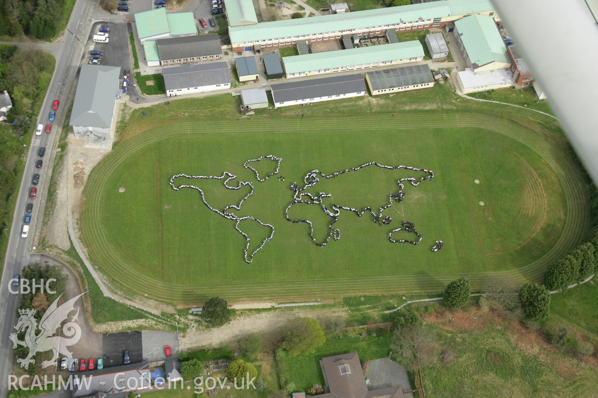RCAHMW colour oblique aerial photograph of Penglais Comprehensive School, World Map of 1500 pupils. Taken on 17 April 2007 by Toby Driver