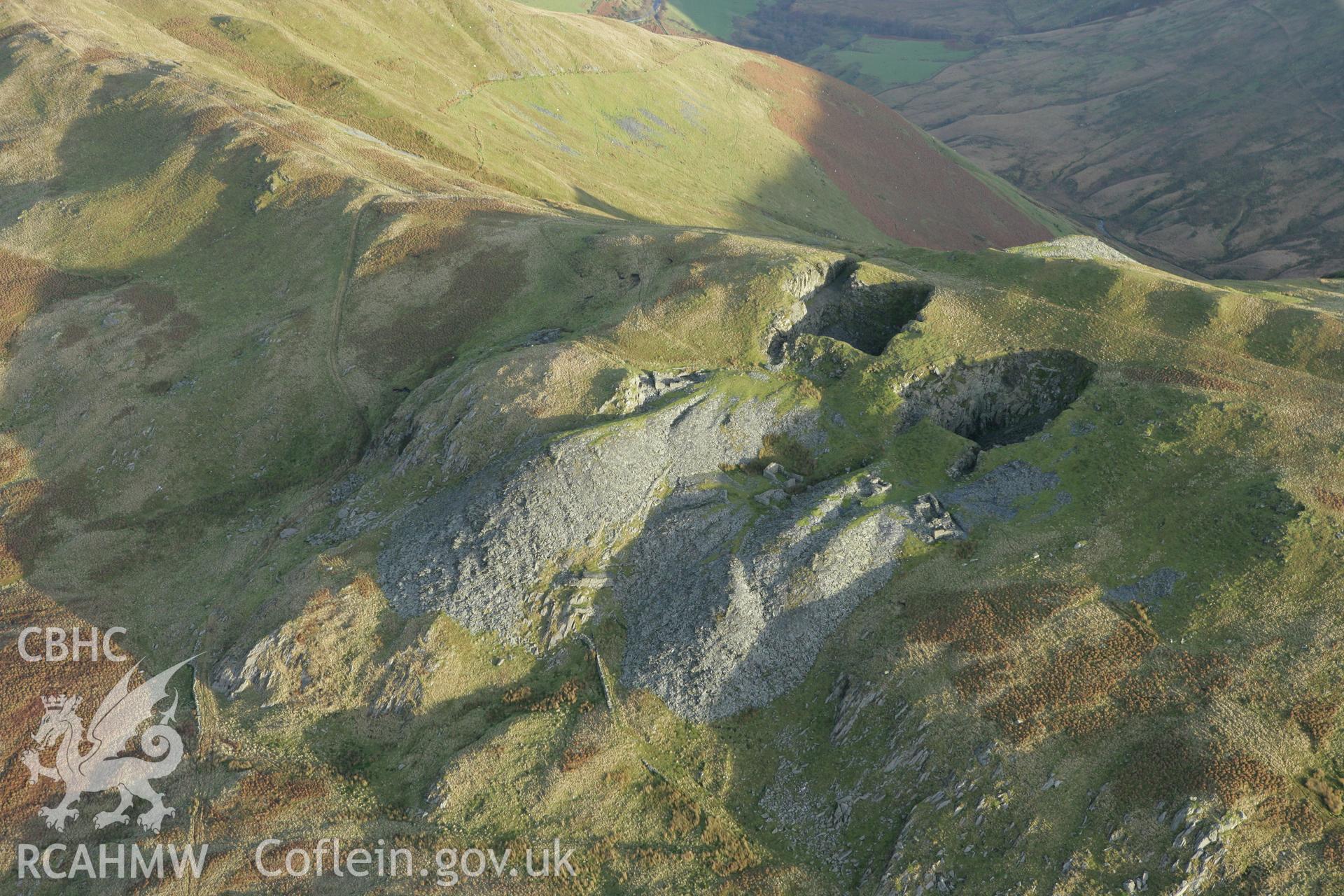 RCAHMW colour oblique photograph of Cloddfa Gwanas slate quarry. Taken by Toby Driver on 11/12/2007.