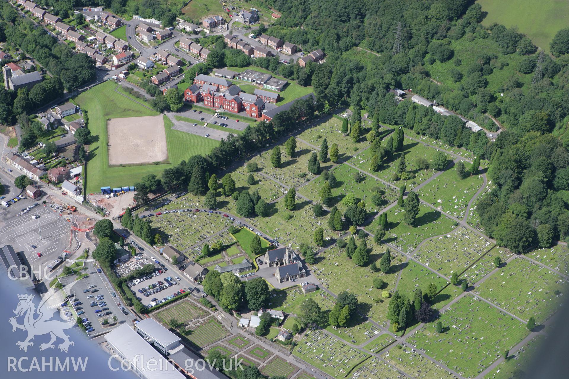 RCAHMW colour oblique aerial photograph of Cemetery Chapel, Glyntaf. Taken on 30 July 2007 by Toby Driver