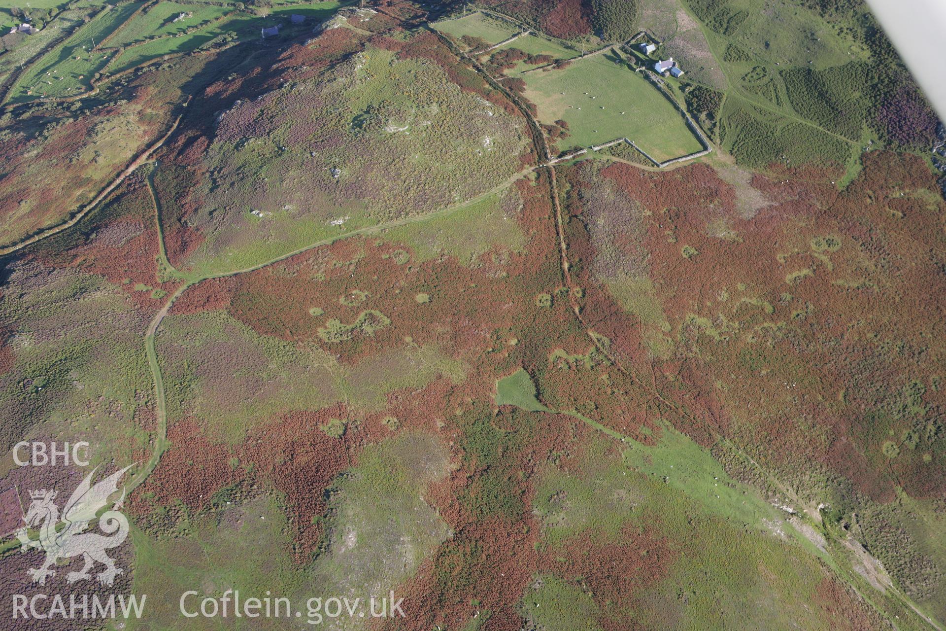 RCAHMW colour oblique aerial photograph of a hut circle west of Anelog. Taken on 06 September 2007 by Toby Driver