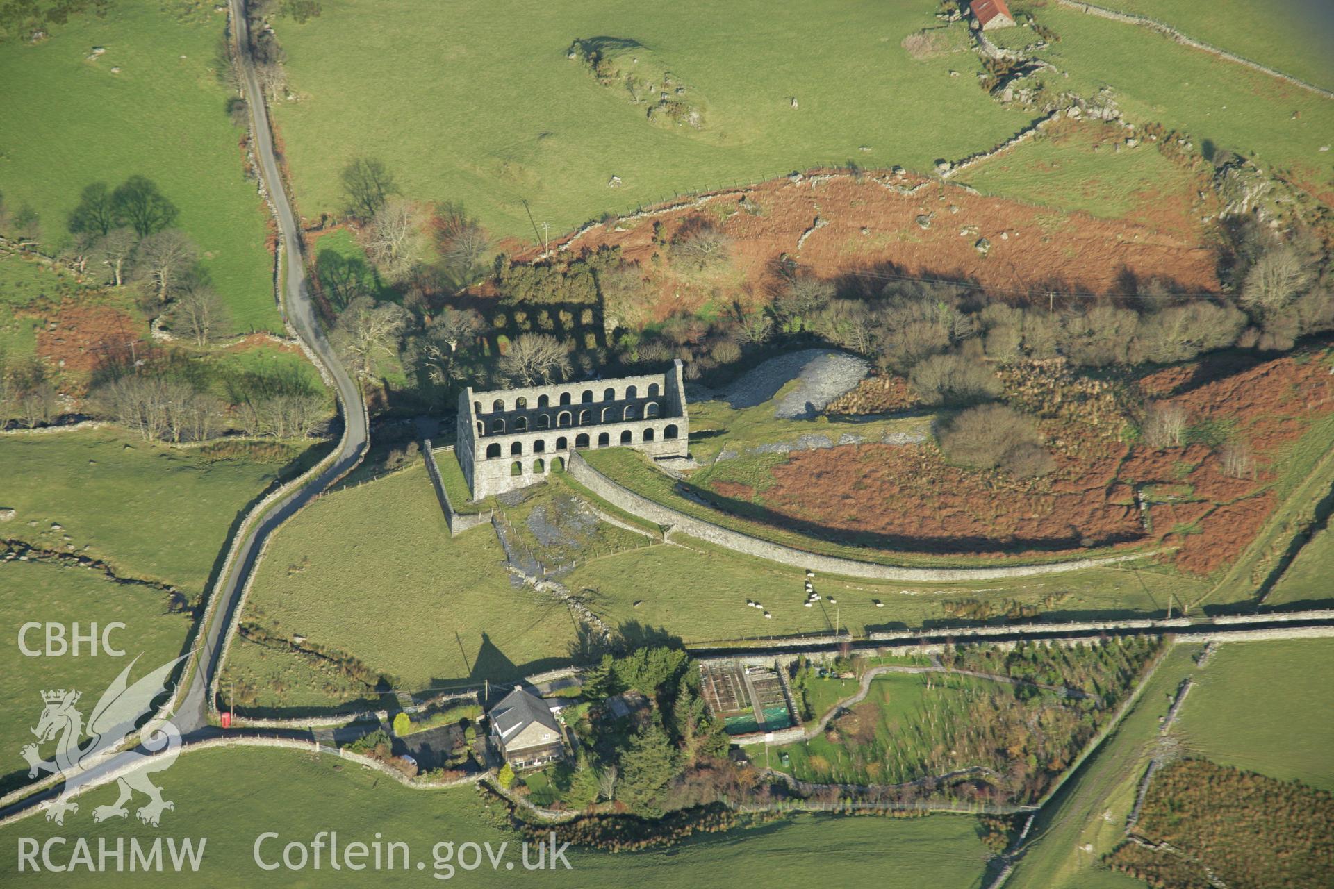RCAHMW colour oblique aerial photograph of Ynys-y-Pandy Slate Mill, Cwmystradllyn. Taken on 25 January 2007 by Toby Driver