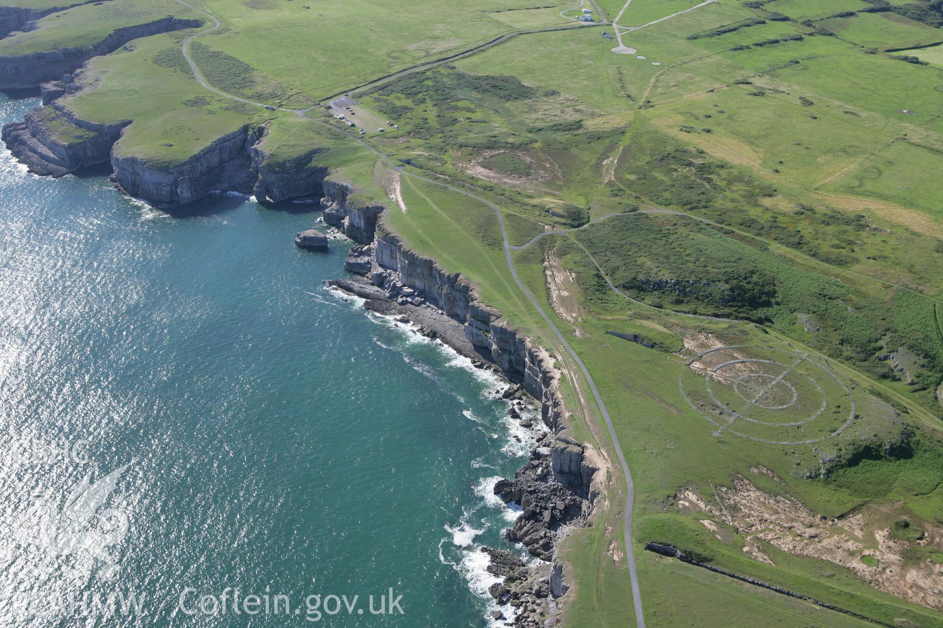 RCAHMW colour oblique aerial photograph of an aerial bombing target for RAF Brawdy on Trevallen Downs, St Govan's Head. Taken on 30 July 2007 by Toby Driver