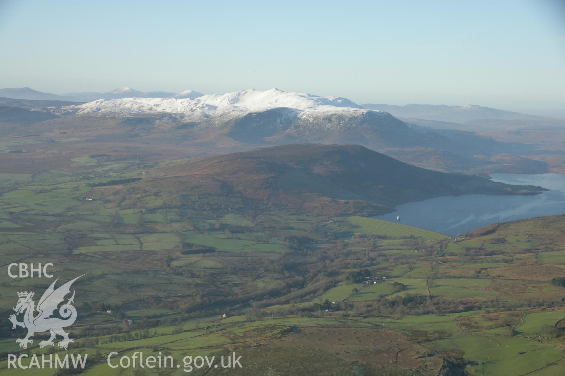 RCAHMW colour oblique aerial photograph showing landscape view of Llyn Celyn, Tryweryn Valley. Taken on 25 January 2007 by Toby Driver