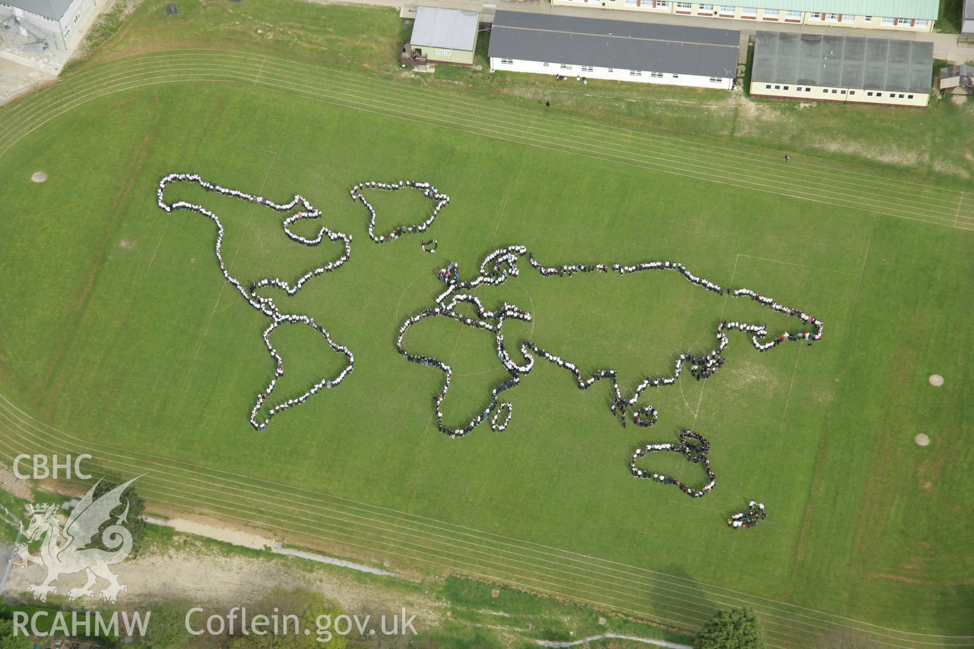 RCAHMW colour oblique aerial photograph of Penglais Comprehensive School, World Map of 1500 pupils. Taken on 17 April 2007 by Toby Driver