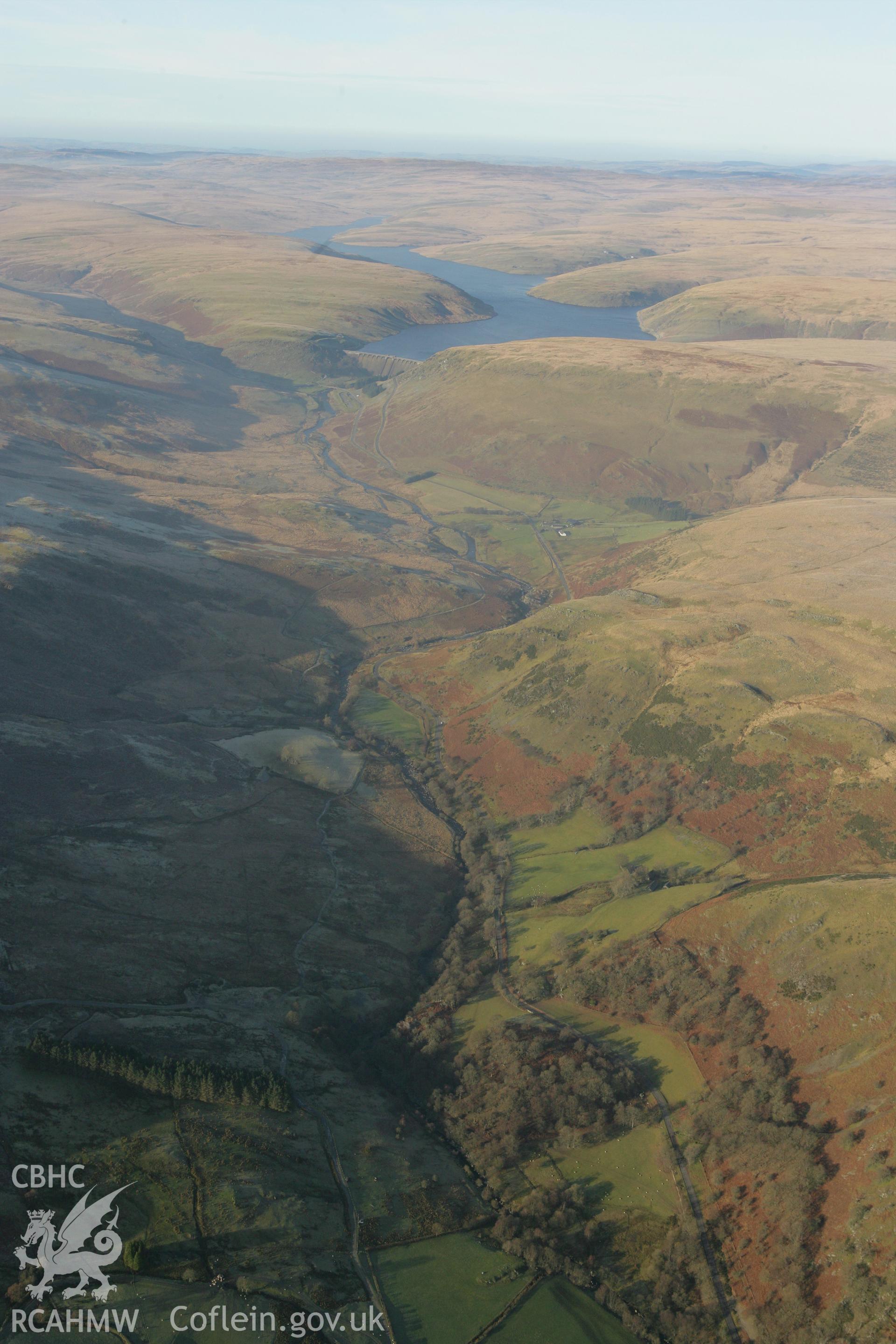 RCAHMW colour oblique photograph of landscape looking north-west towards Claerwen dam. Taken by Toby Driver on 20/12/2007.