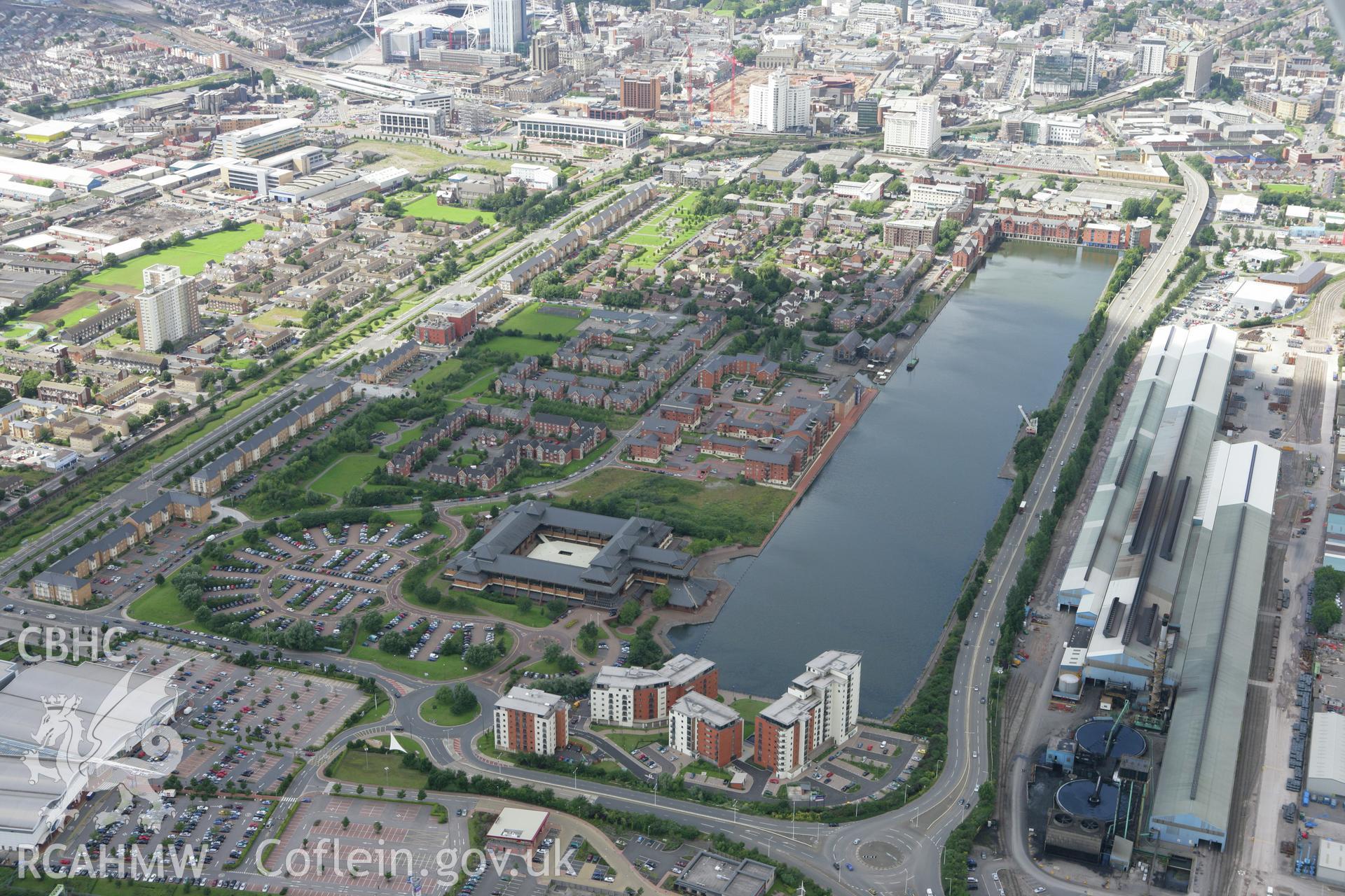 RCAHMW colour oblique aerial photograph of Bute East Dock, Cardiff and County Hall. Taken on 30 July 2007 by Toby Driver