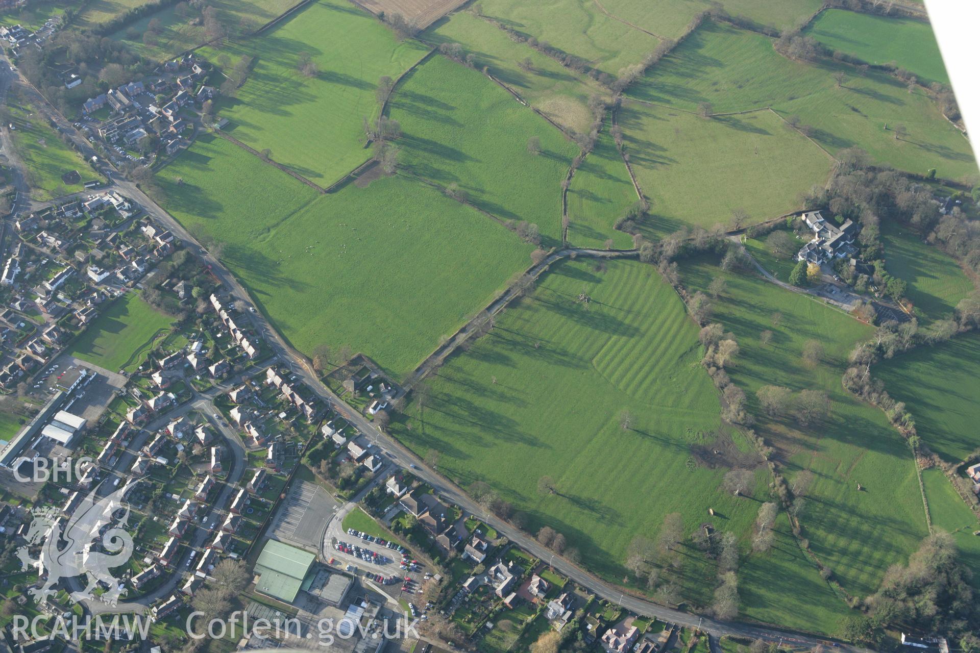 RCAHMW colour oblique photograph of Llyndir Hall, Garden, Rossett;Ridge and furrow at Lavister. Taken by Toby Driver on 11/12/2007.