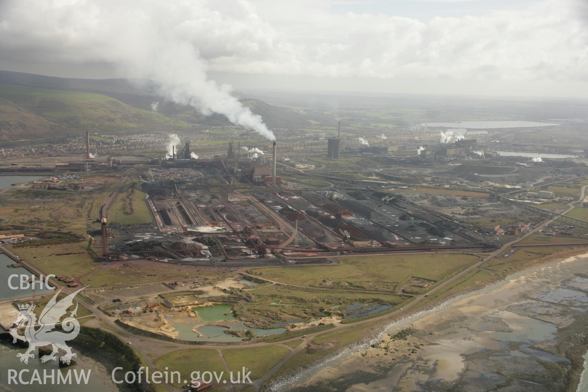 RCAHMW colour oblique aerial photograph of Abbey Works, Margam Steel Works, Margam. Taken on 16 March 2007 by Toby Driver