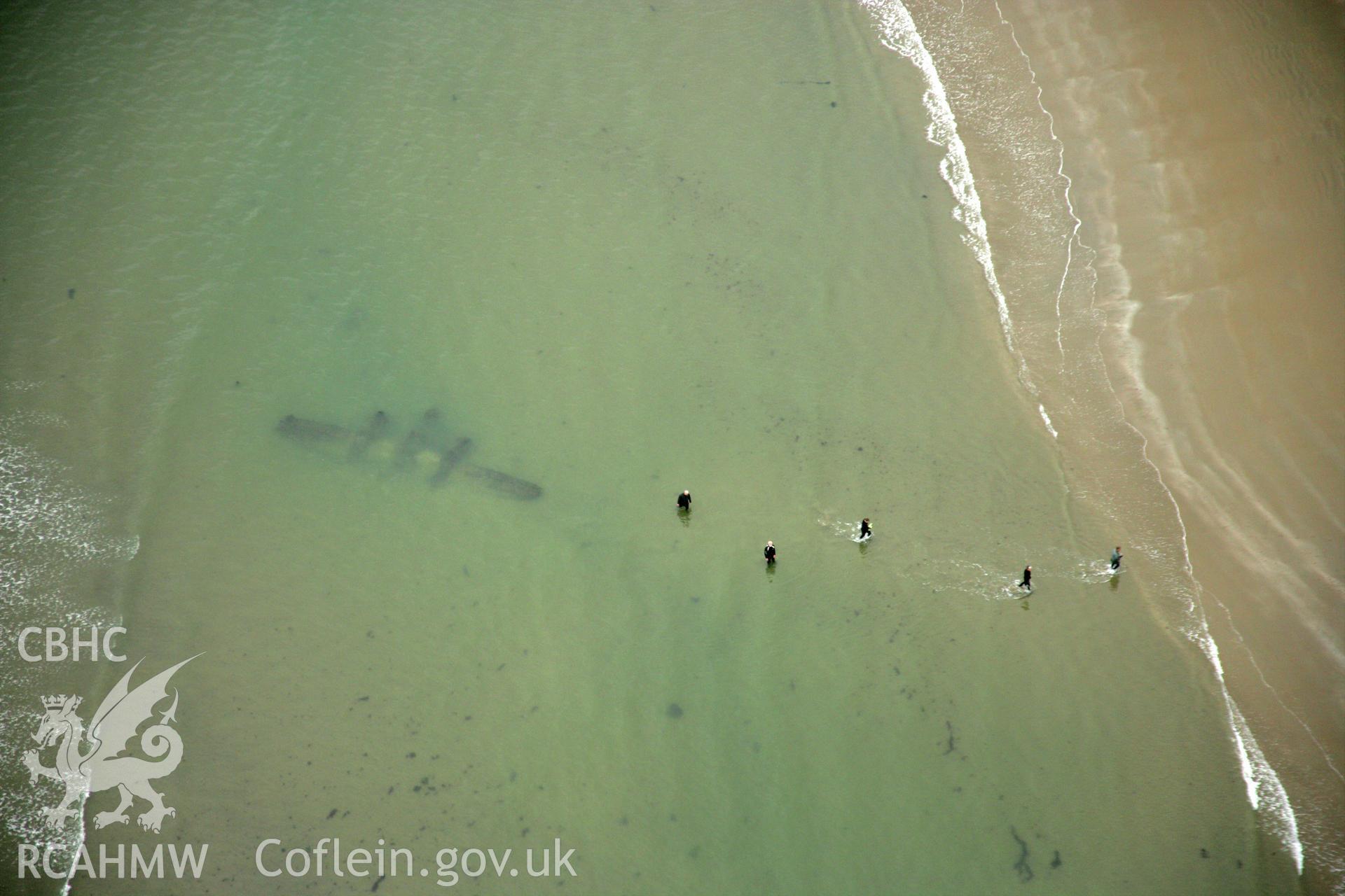 RCAHMW colour oblique photograph of P-38 Lightning, aircraft wreck at low tide. Taken by Toby Driver on 08/10/2007.