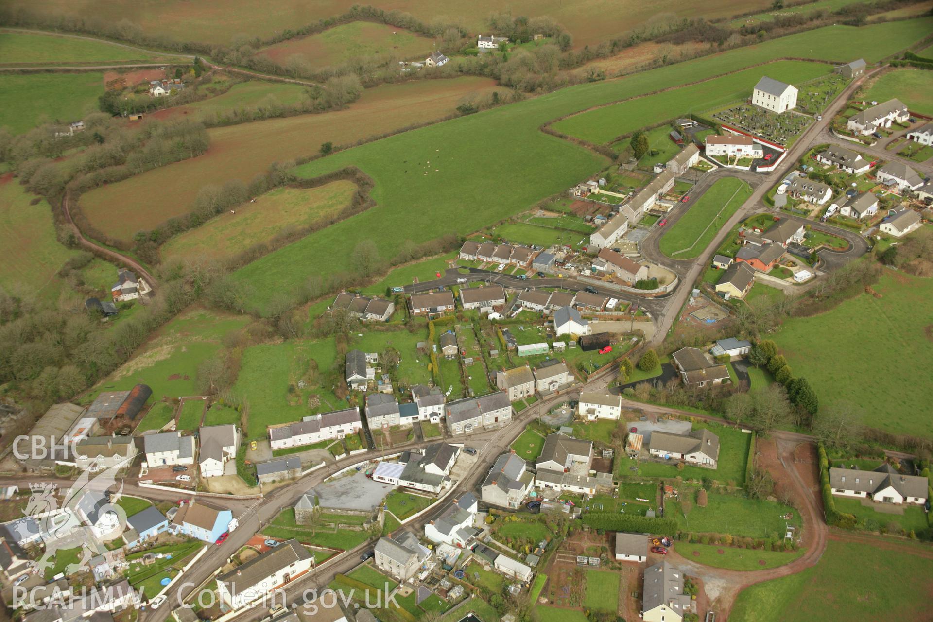 RCAHMW colour oblique aerial photograph of Hen Gapel Welsh Independent Chapel, Llanybri. Taken on 16 March 2007 by Toby Driver