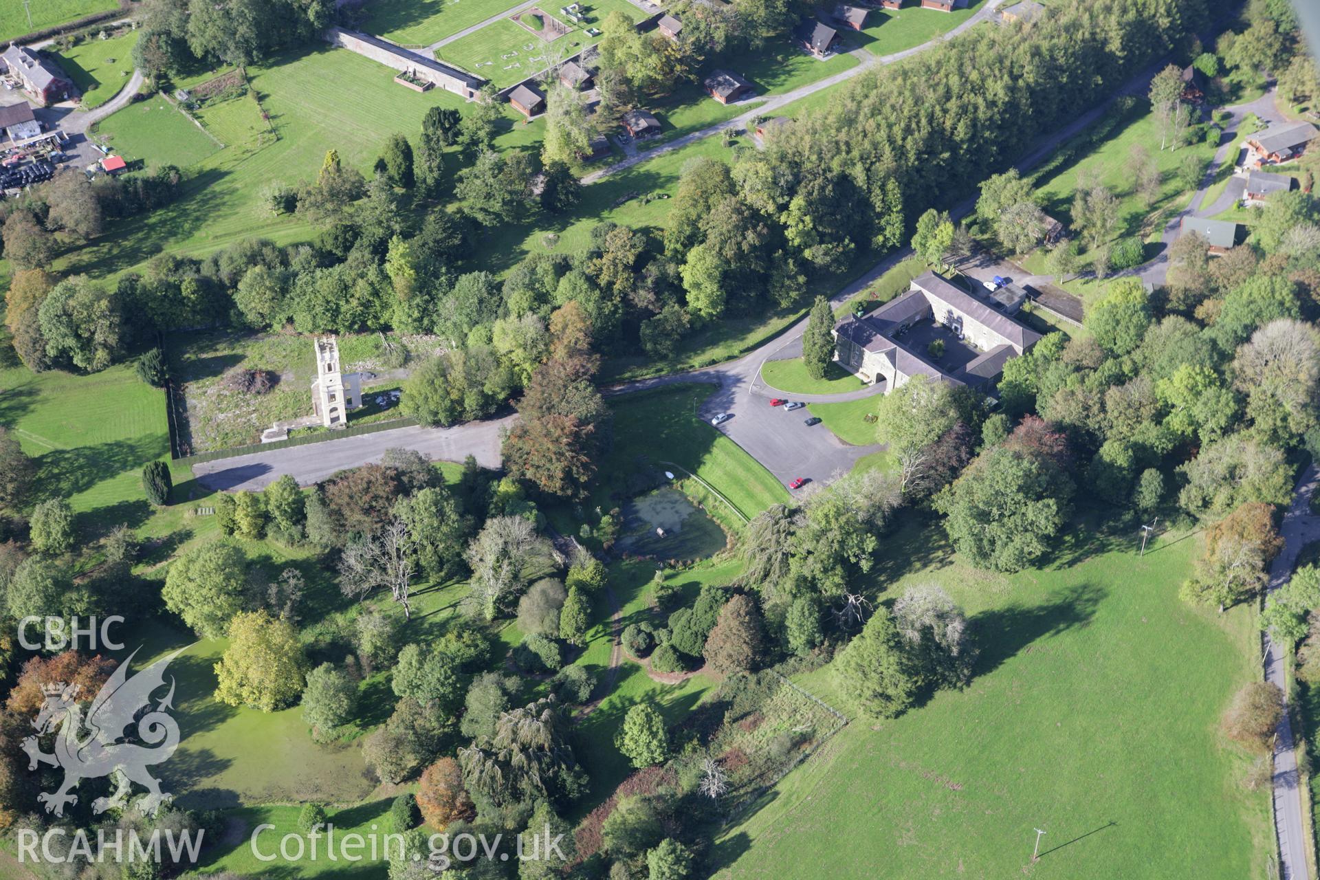 RCAHMW colour oblique photograph of Pantglas Hall (remains of) and gardens. Taken by Toby Driver on 04/10/2007.