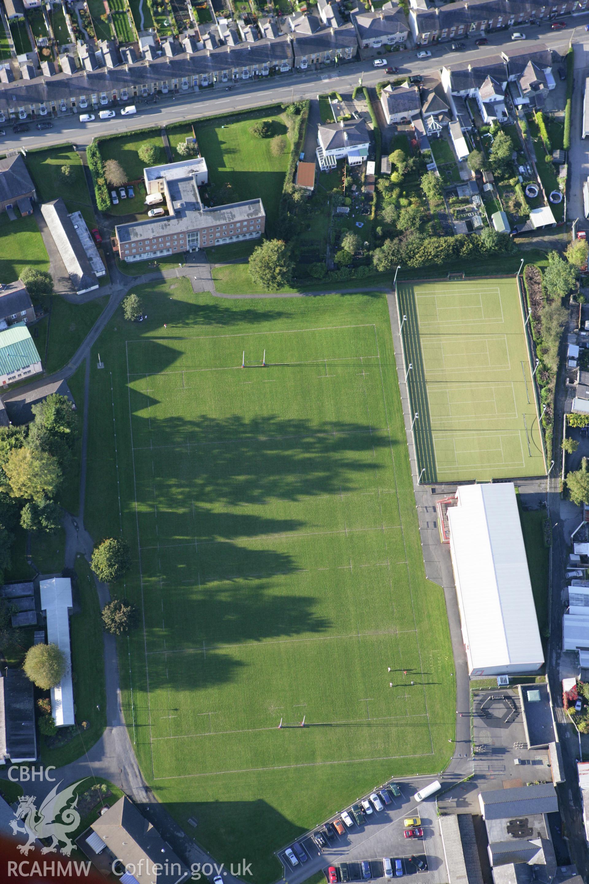 RCAHMW colour oblique photograph of Llandovery College, sports field. Taken by Toby Driver on 04/10/2007.
