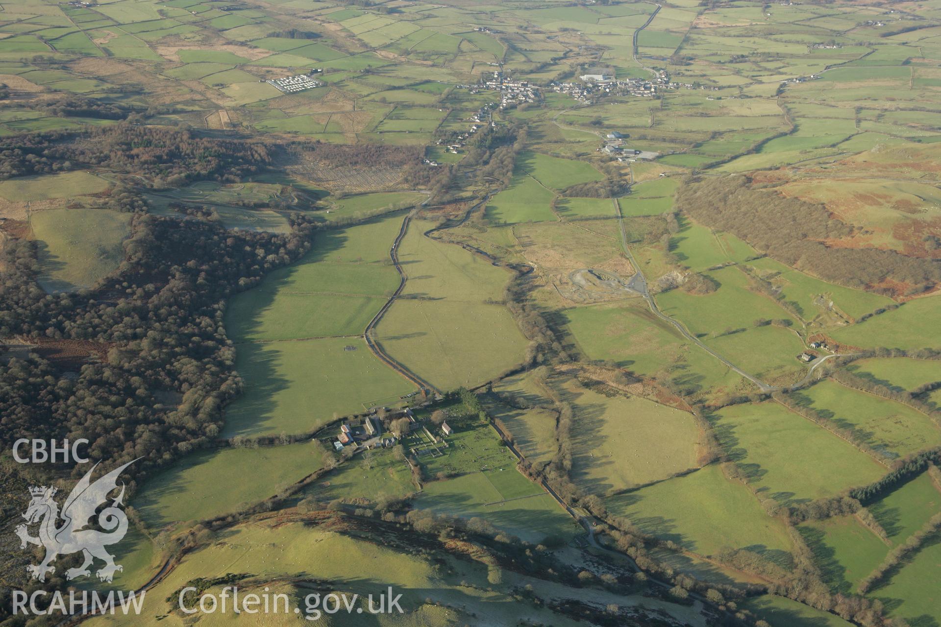 RCAHMW colour oblique photograph of Strata Florida Abbey and landscape from the east. Taken by Toby Driver on 20/12/2007.