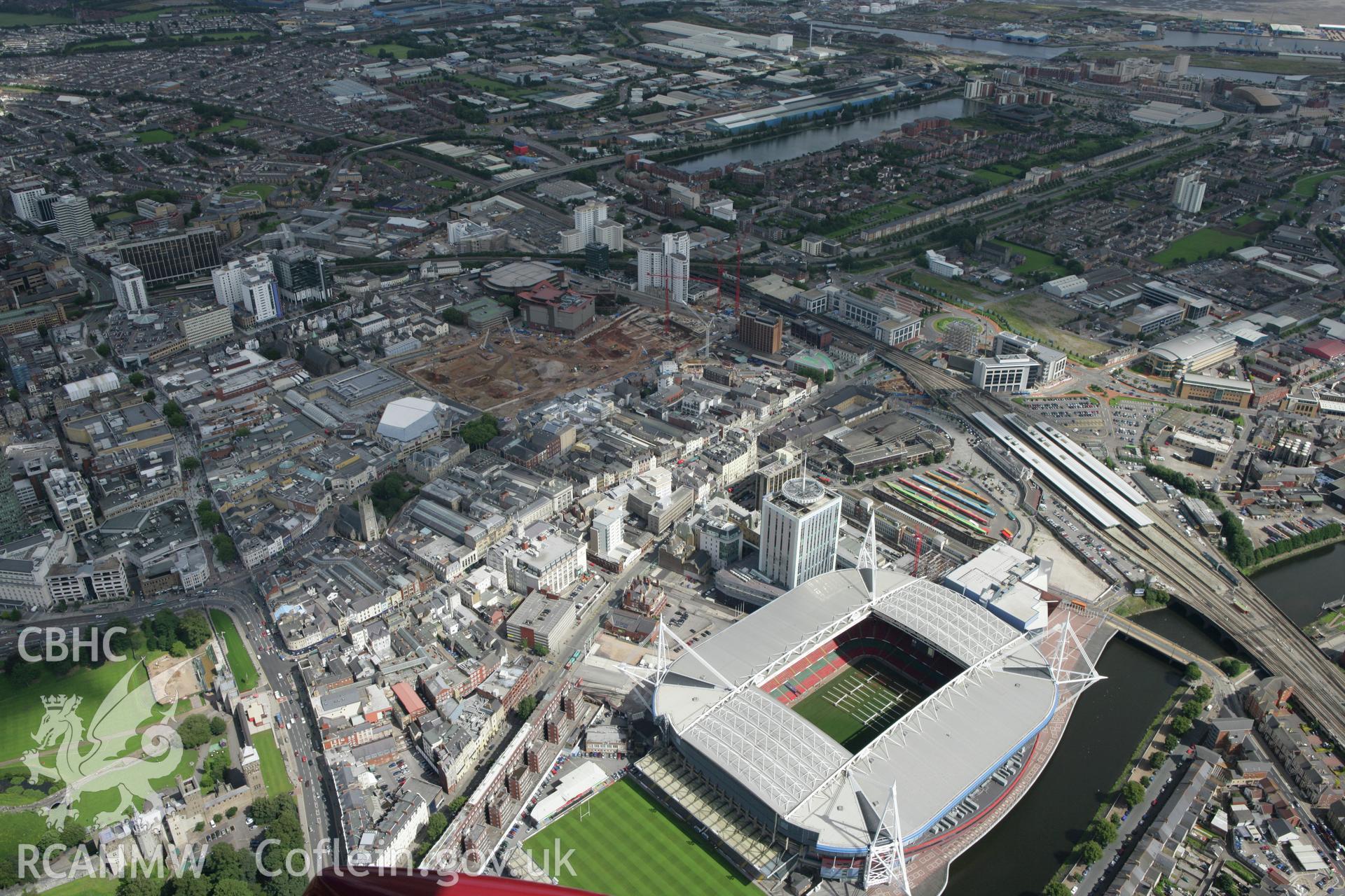 RCAHMW colour oblique aerial photograph of Cardiff Millennium Stadium. Taken on 30 July 2007 by Toby Driver