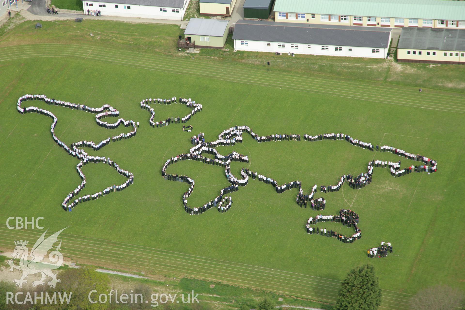 RCAHMW colour oblique aerial photograph of Penglais Comprehensive School, World Map of 1500 pupils. Taken on 17 April 2007 by Toby Driver