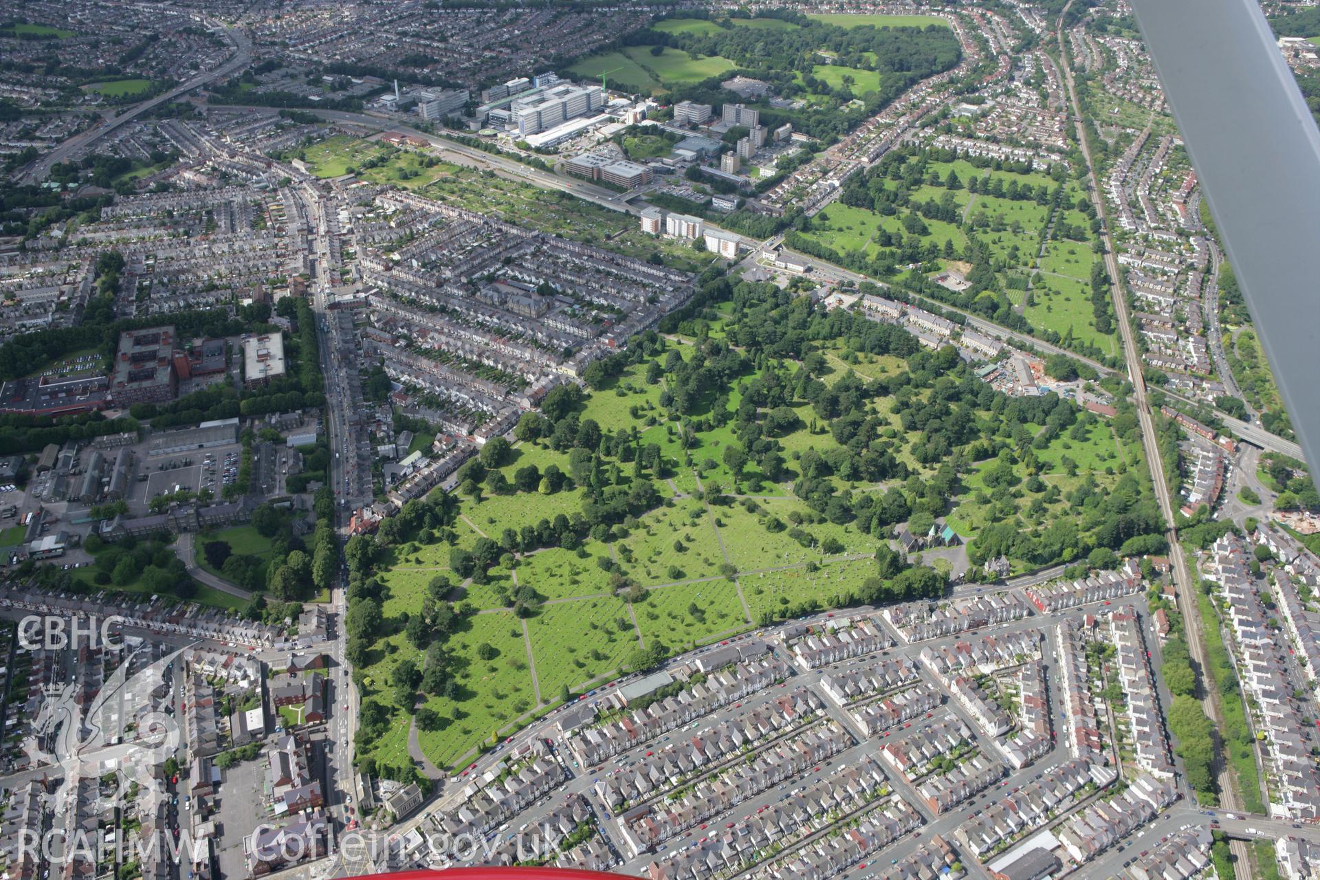 RCAHMW colour oblique aerial photograph of Cathays Cemetery from the south-east. Taken on 30 July 2007 by Toby Driver