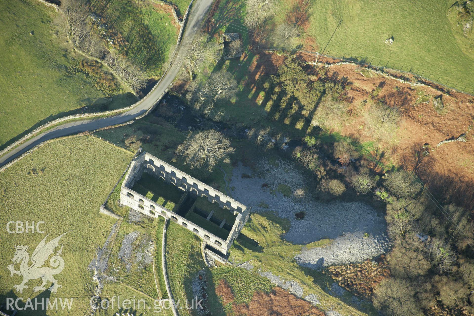 RCAHMW colour oblique aerial photograph of Ynys-y-Pandy Slate Mill, Cwmystradllyn. Taken on 25 January 2007 by Toby Driver