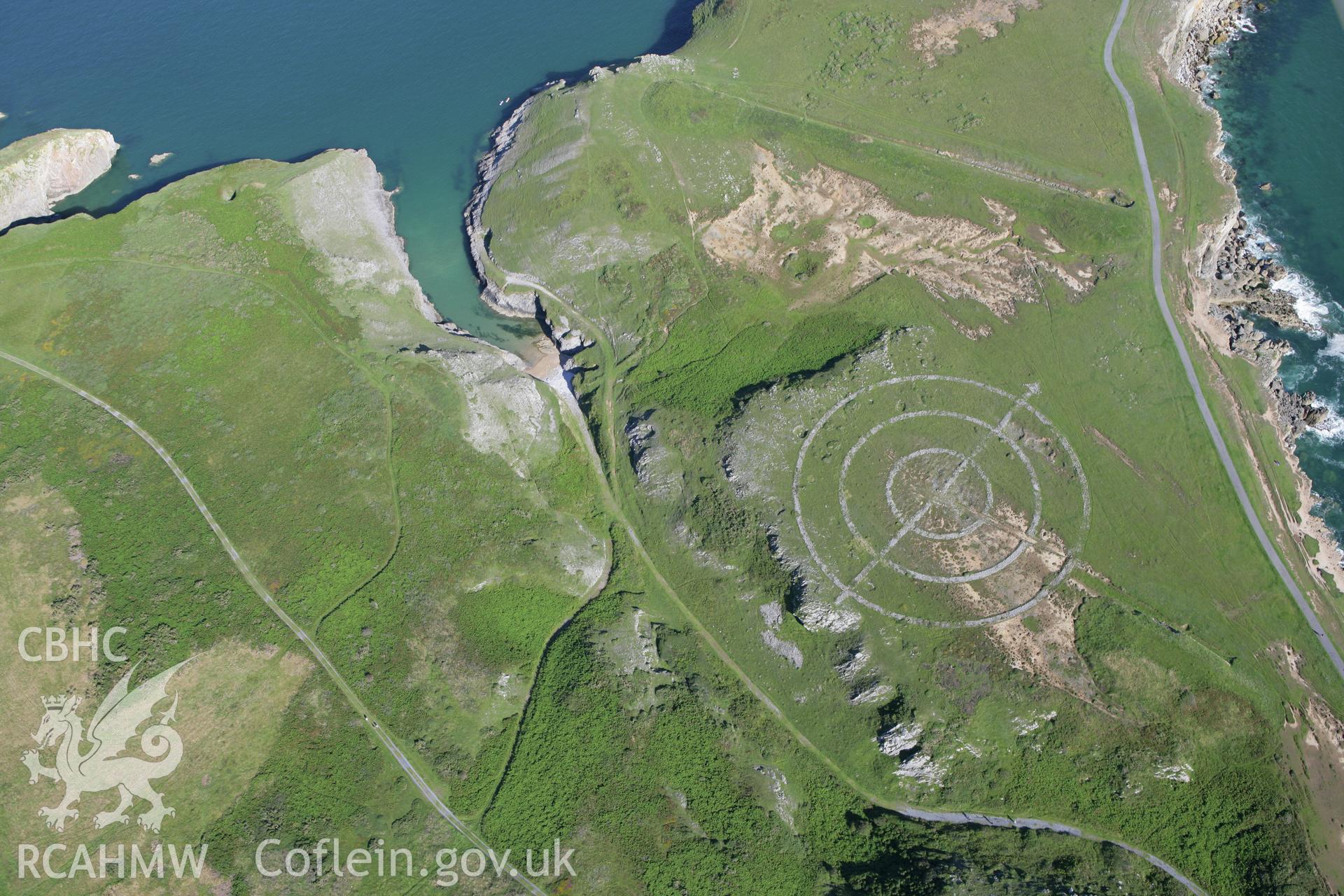 RCAHMW colour oblique aerial photograph of an aerial bombing target for RAF Brawdy on Trevallen Downs, St Govan's Head. Taken on 30 July 2007 by Toby Driver