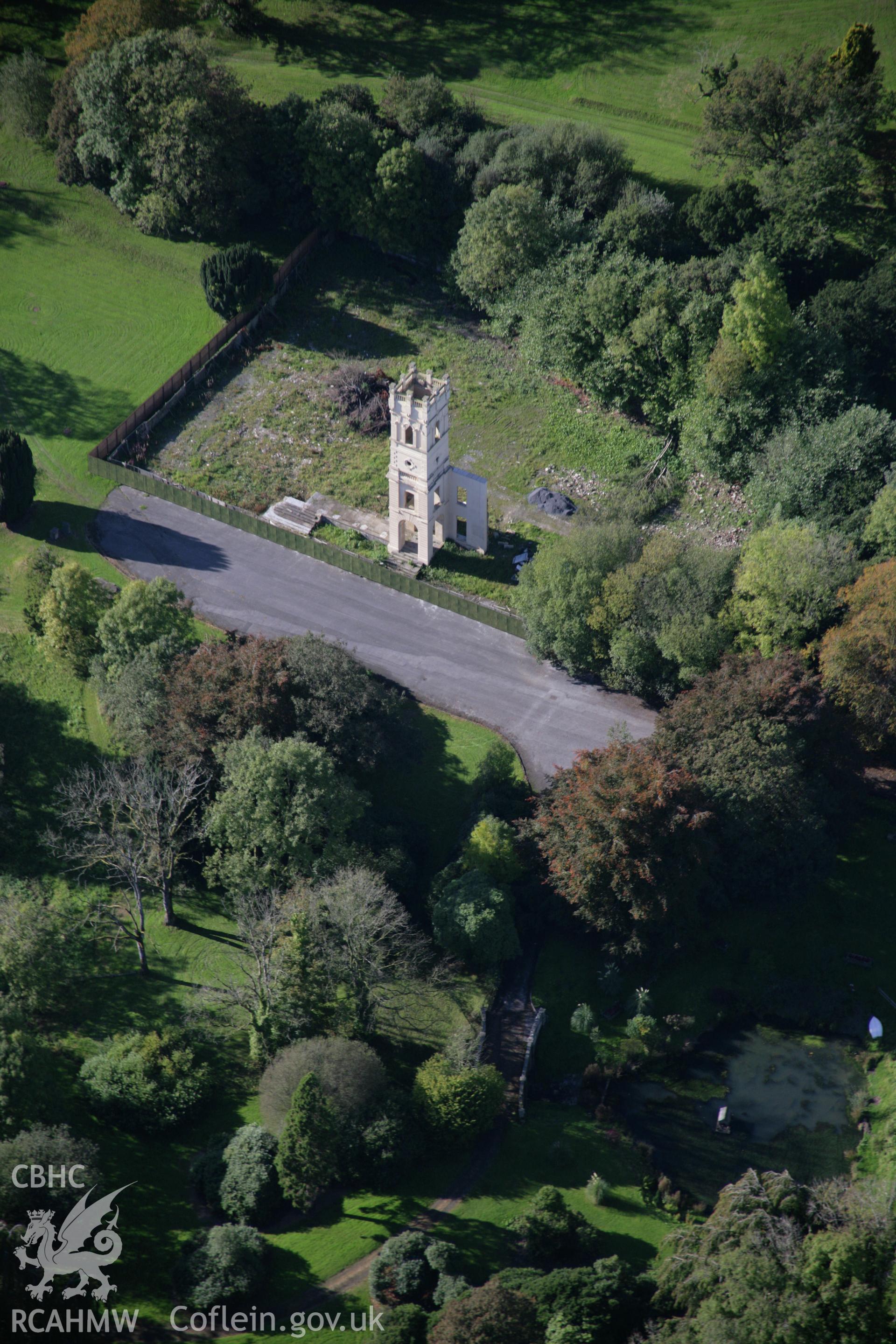 RCAHMW colour oblique photograph of Pantglas Hall (remains of) and gardens. Taken by Toby Driver on 04/10/2007.