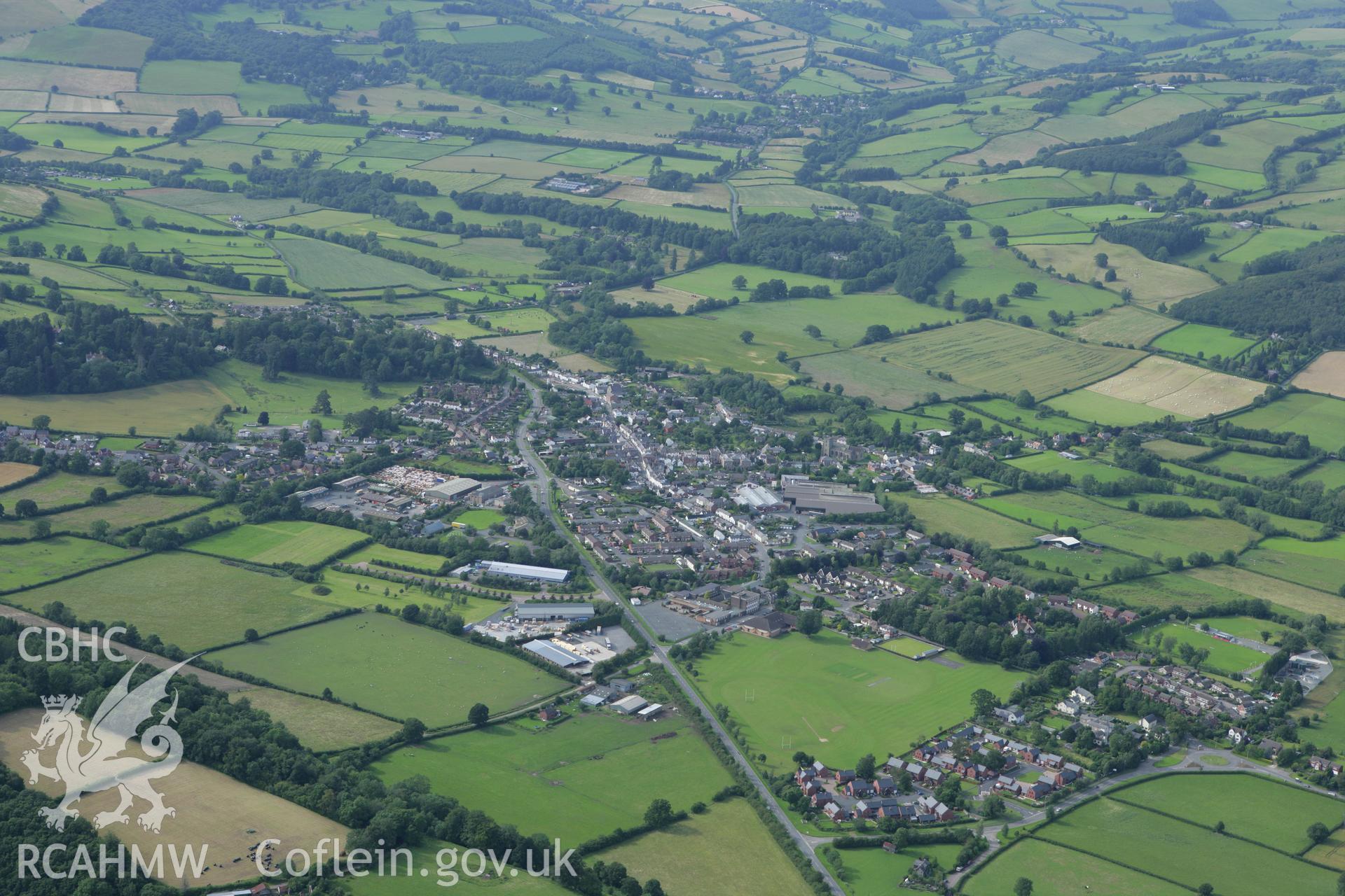 RCAHMW colour oblique aerial photograph of Presteigne. Taken on 09 July 2007 by Toby Driver