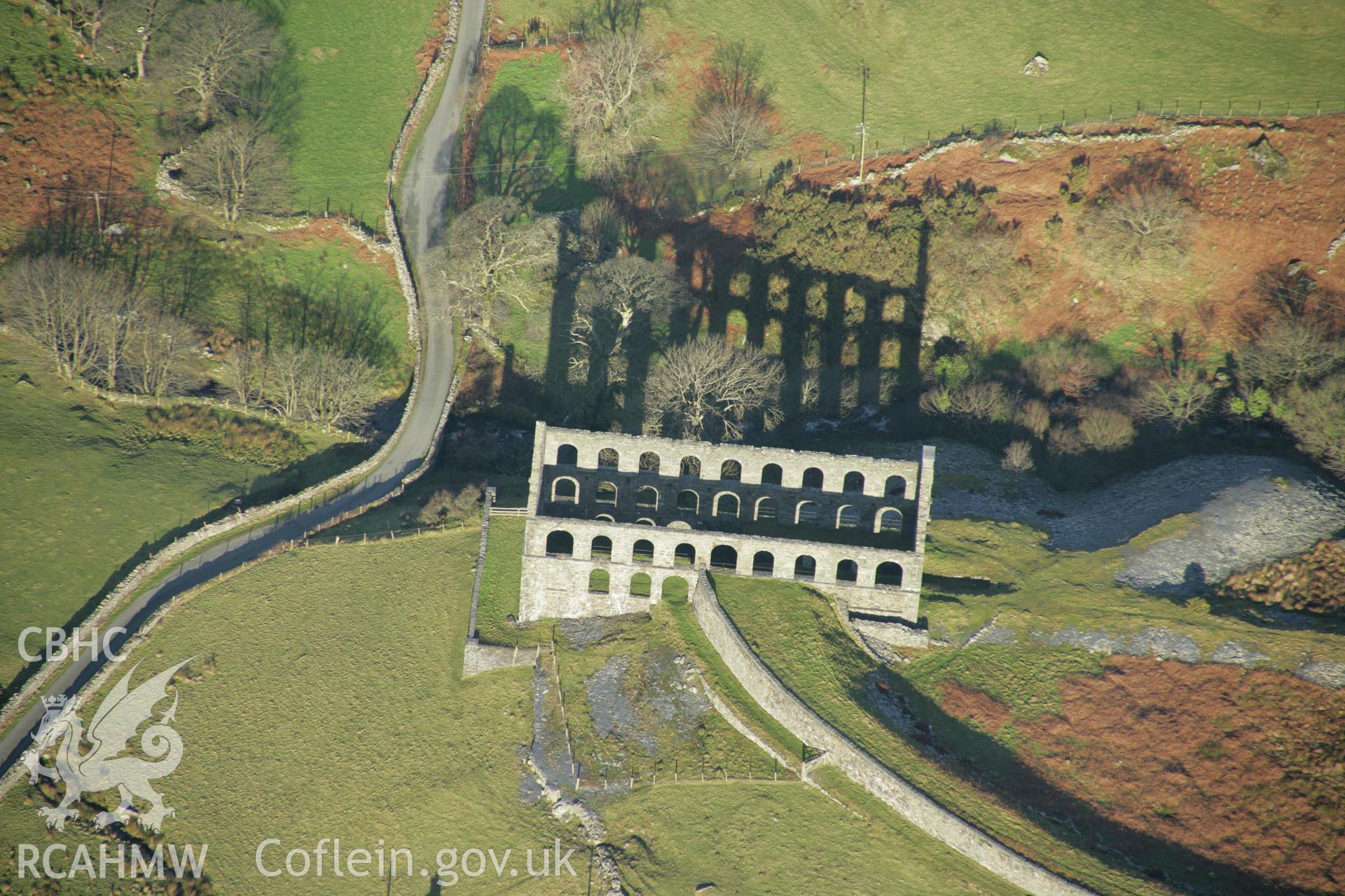 RCAHMW colour oblique aerial photograph of Ynys-y-Pandy Slate Mill, Cwmystradllyn. Taken on 25 January 2007 by Toby Driver
