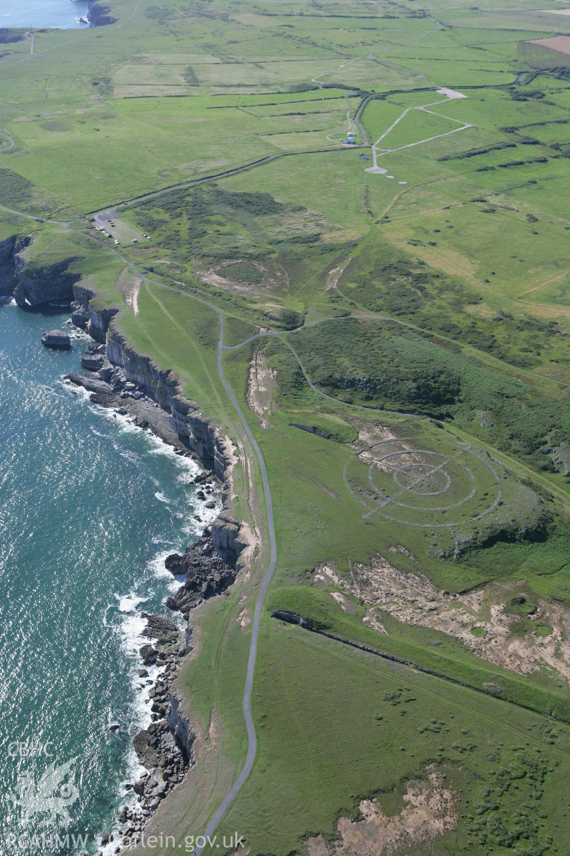 RCAHMW colour oblique aerial photograph of an aerial bombing target for RAF Brawdy on Trevallen Downs, St Govan's Head. Taken on 30 July 2007 by Toby Driver