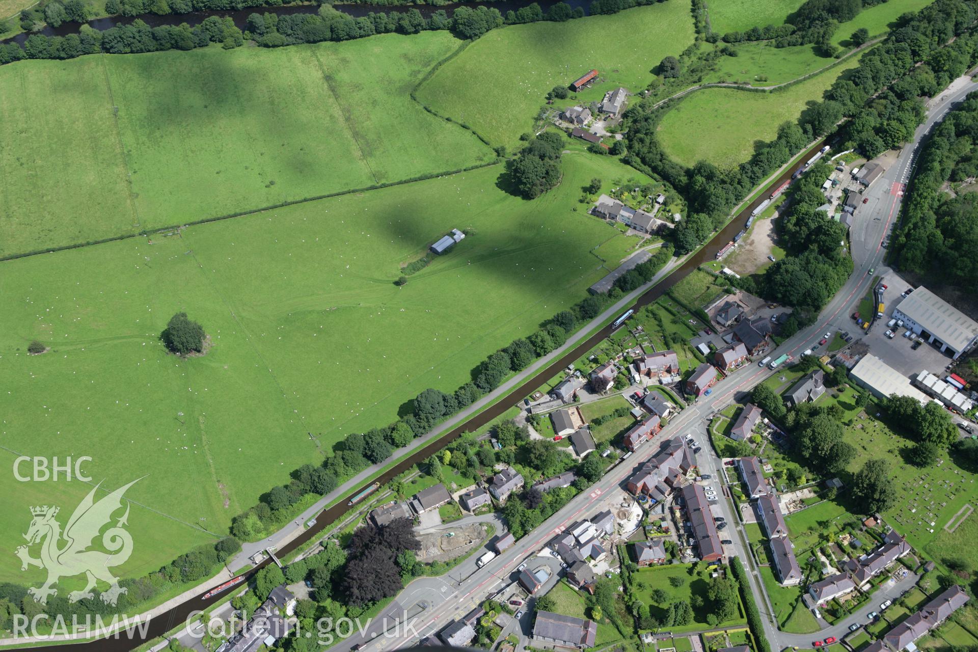 RCAHMW colour oblique aerial photograph of Fron Embankment, Llangollen Canal. Taken on 24 July 2007 by Toby Driver