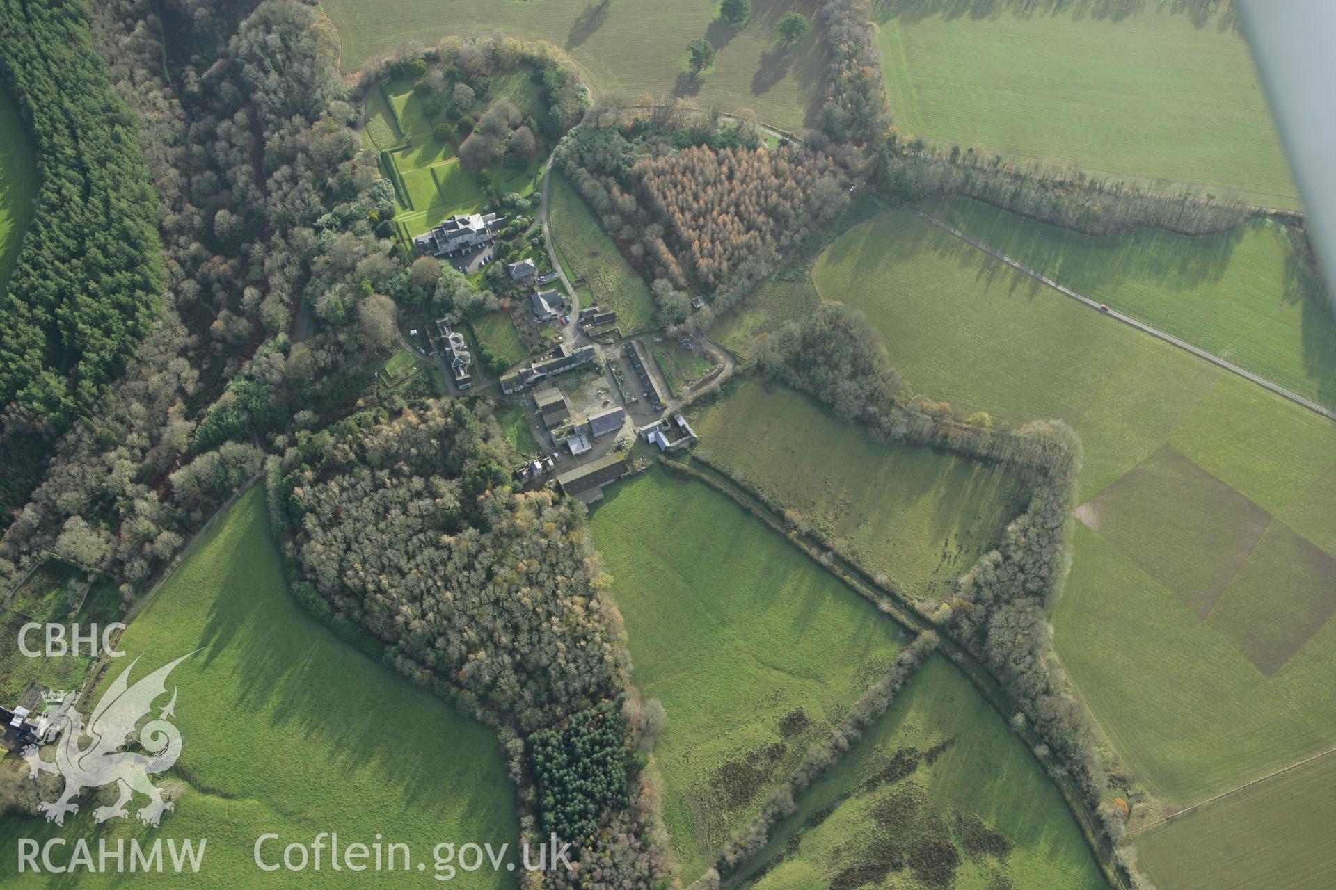 RCAHMW colour oblique photograph of Cliwendeg Park, Garden, Boncath, earthworks of field drainage close to farm yard. Taken by Toby Driver on 29/11/2007.