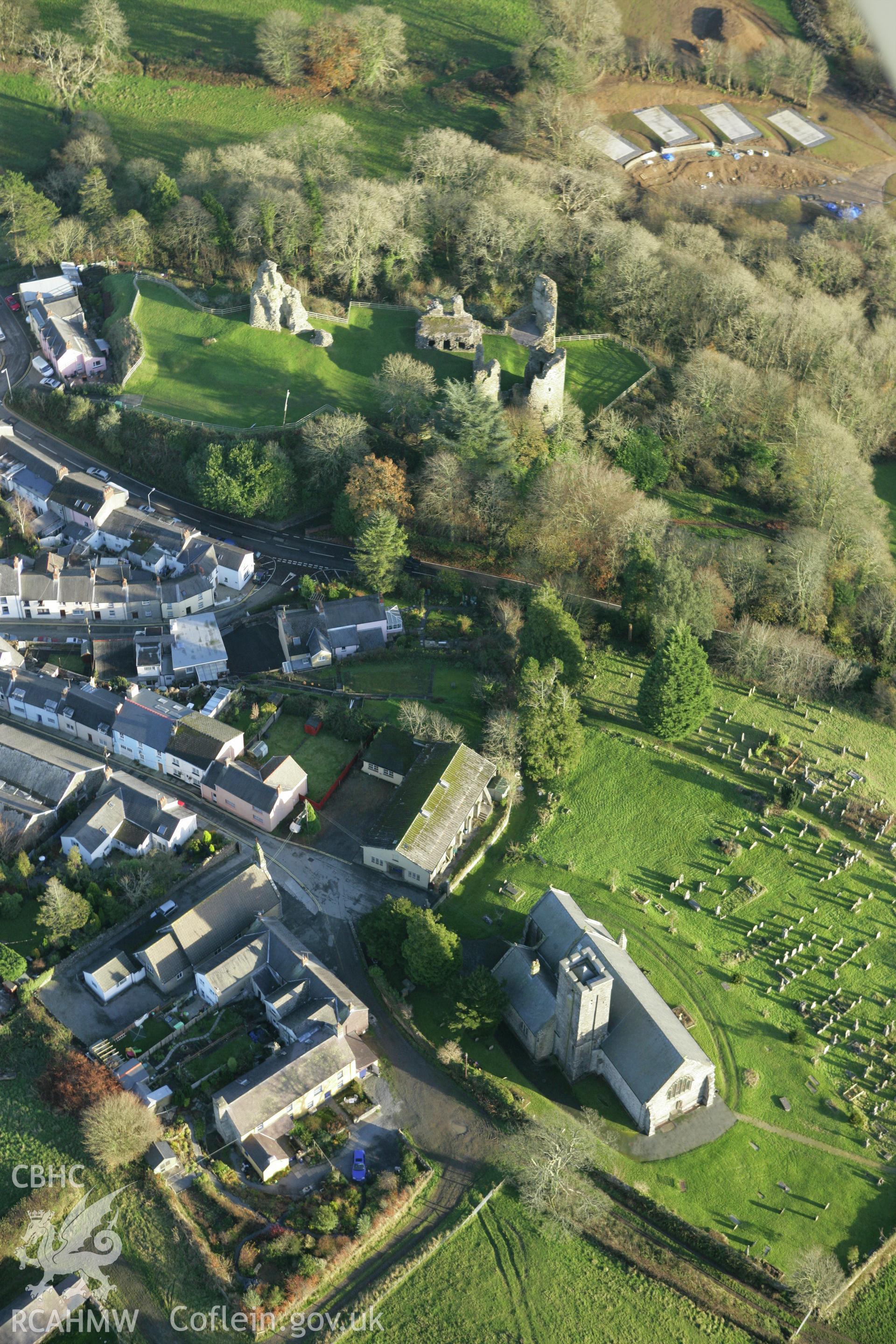 RCAHMW colour oblique photograph of Narberth, Castle and church. Taken by Toby Driver on 29/11/2007.