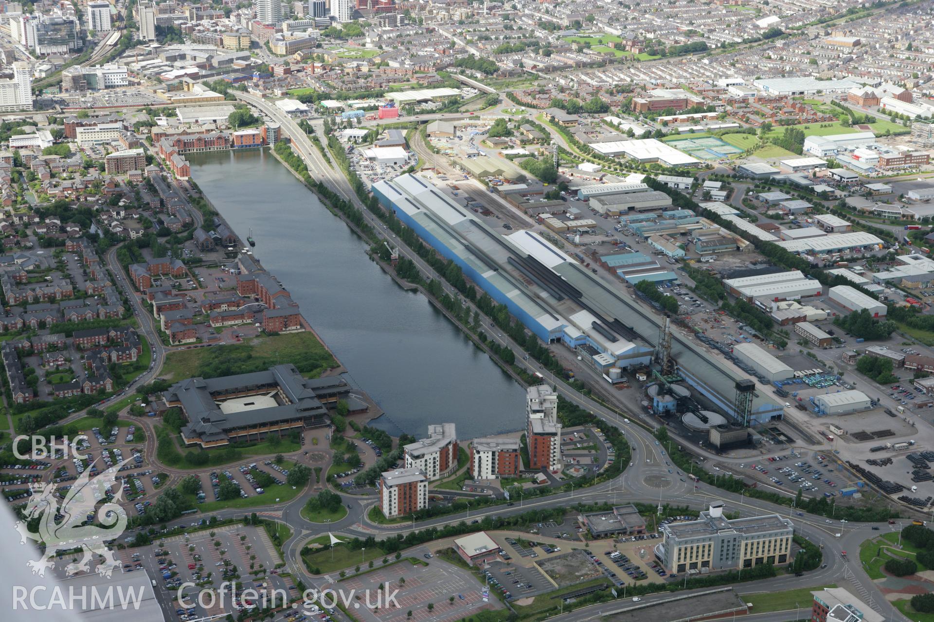 RCAHMW colour oblique aerial photograph of Bute East Dock, Cardiff and County Hall. Taken on 30 July 2007 by Toby Driver