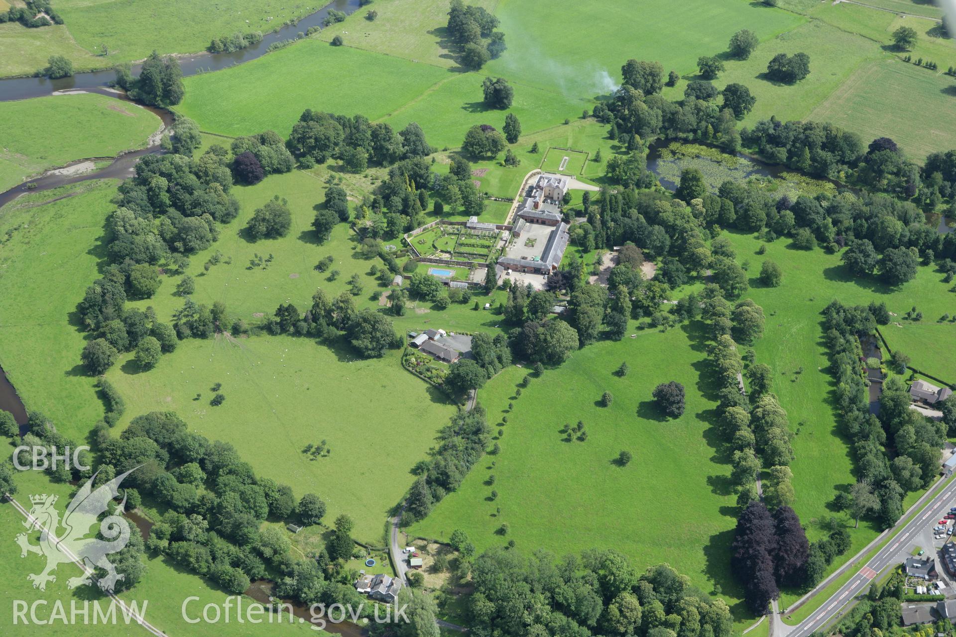 RCAHMW colour oblique aerial photograph of Glan Severn Hall With Brew House. Taken on 09 July 2007 by Toby Driver