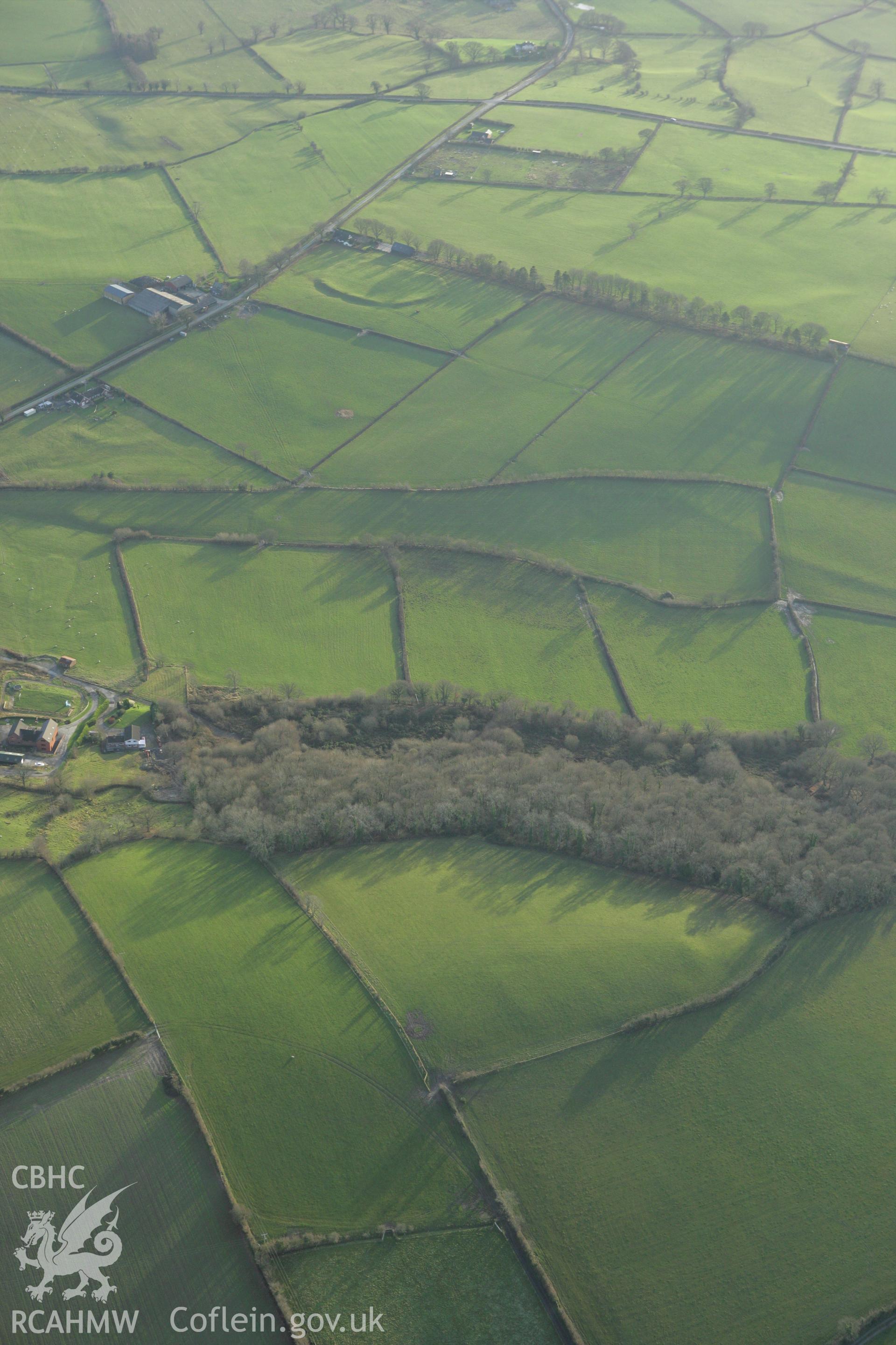 RCAHMW colour oblique photograph of Gwynfynydd Farm, probable defended enclosure. Taken by Toby Driver on 11/12/2007.