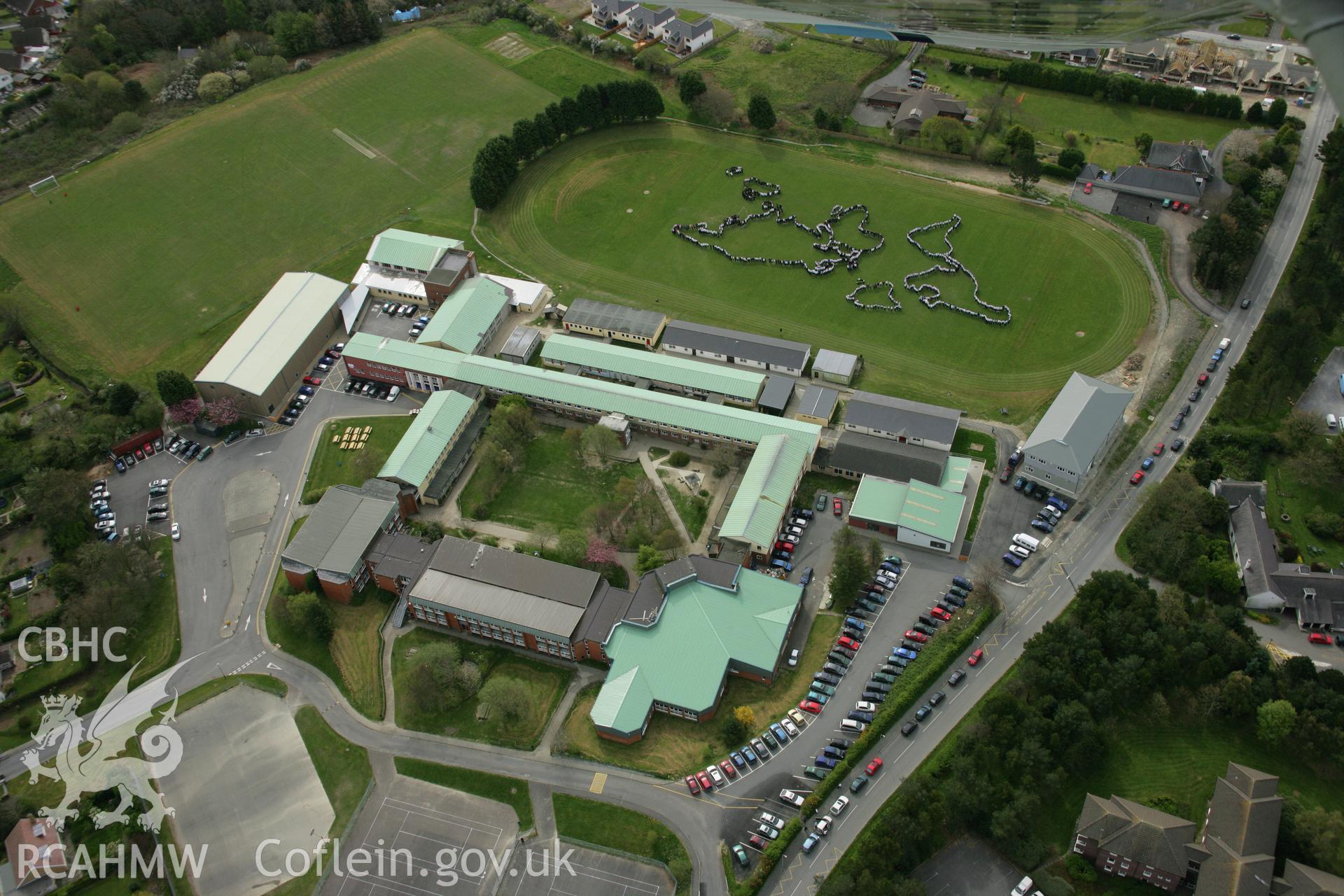 RCAHMW colour oblique aerial photograph of Penglais Comprehensive School, World Map of 1500 pupils. Taken on 17 April 2007 by Toby Driver