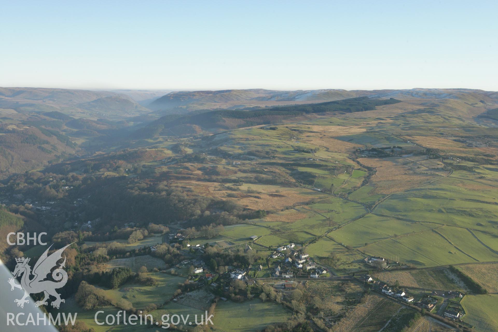 RCAHMW colour oblique photograph of Ysbyty Ystwyth village from the west. Taken by Toby Driver on 20/12/2007.