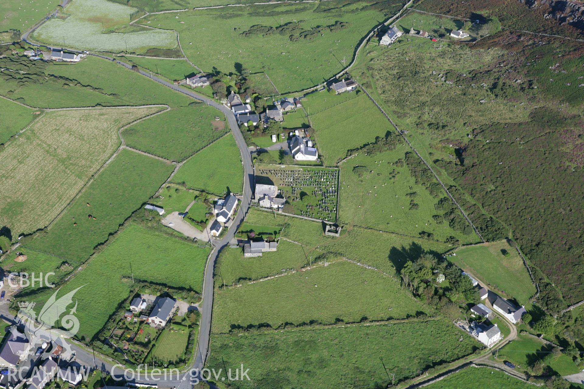 RCAHMW colour oblique aerial photograph of Nebo Independent Chapel, Y Rhiw hamlet, viewed looking east. Taken on 06 September 2007 by Toby Driver