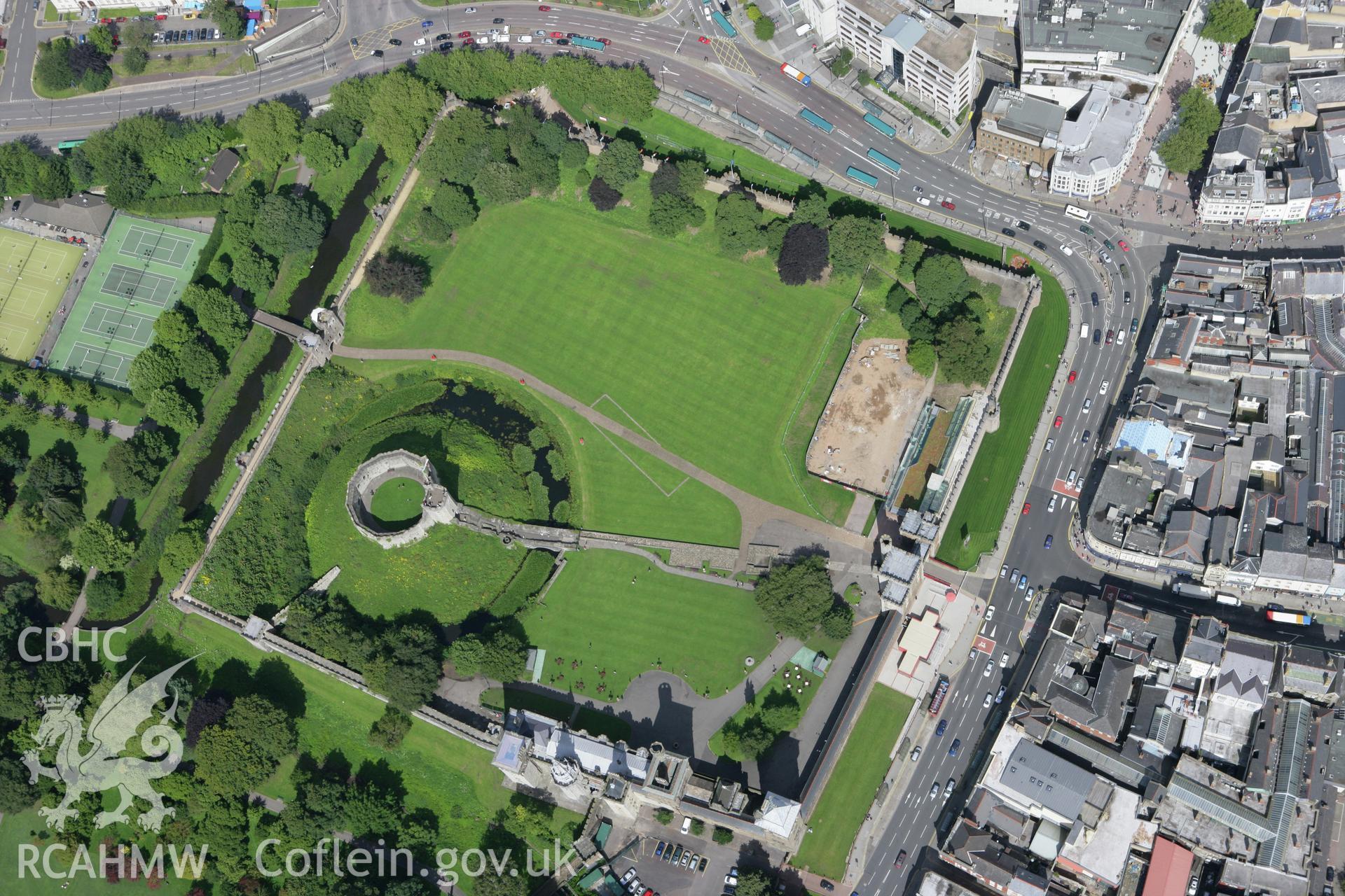 RCAHMW colour oblique aerial photograph of Cardiff Castle. Taken on 30 July 2007 by Toby Driver